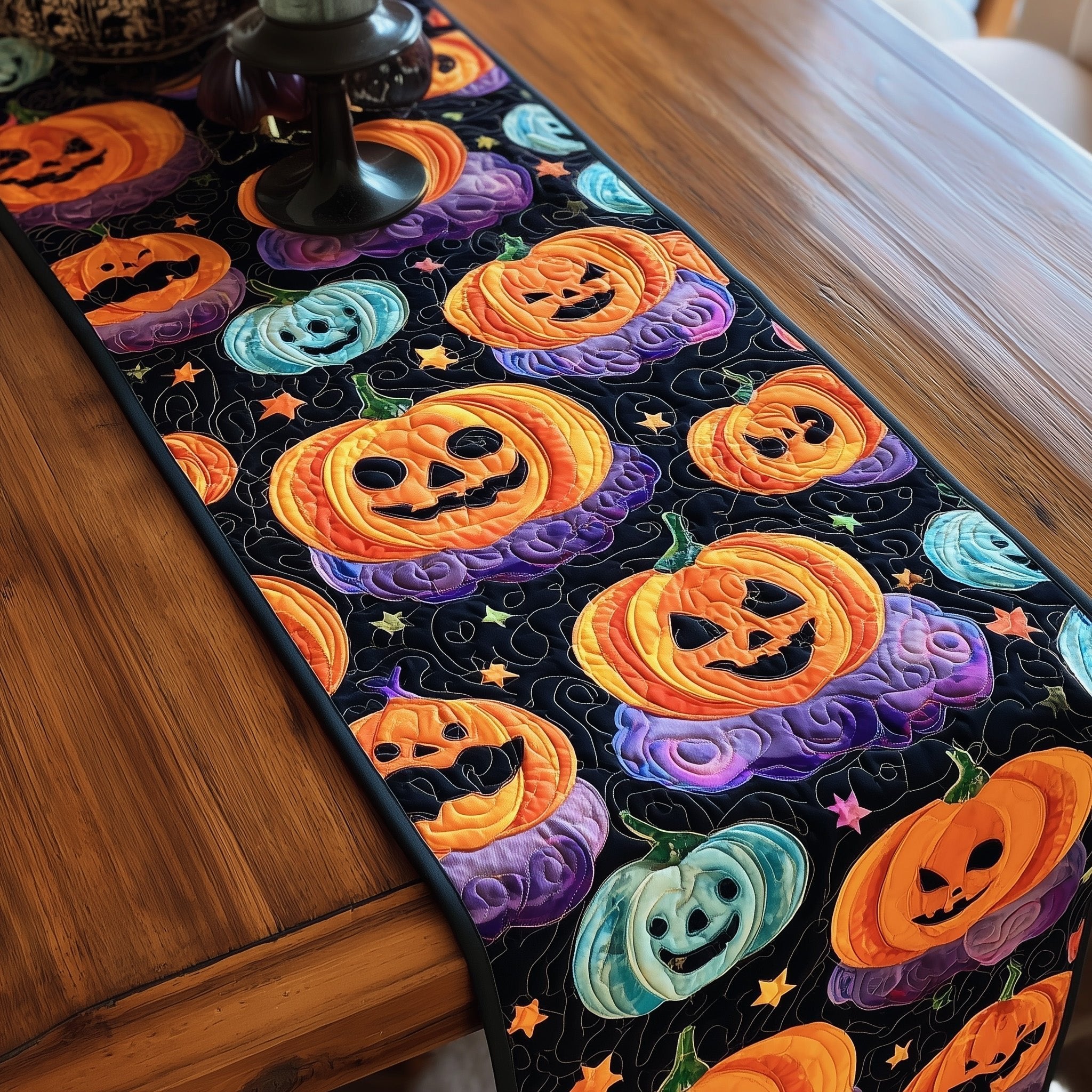 Bright Jack o Lanterns on Black Table Runner