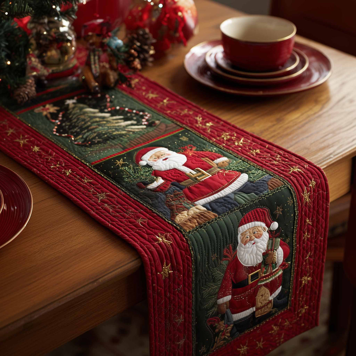 Santa on Green and Red Panel Table Runner