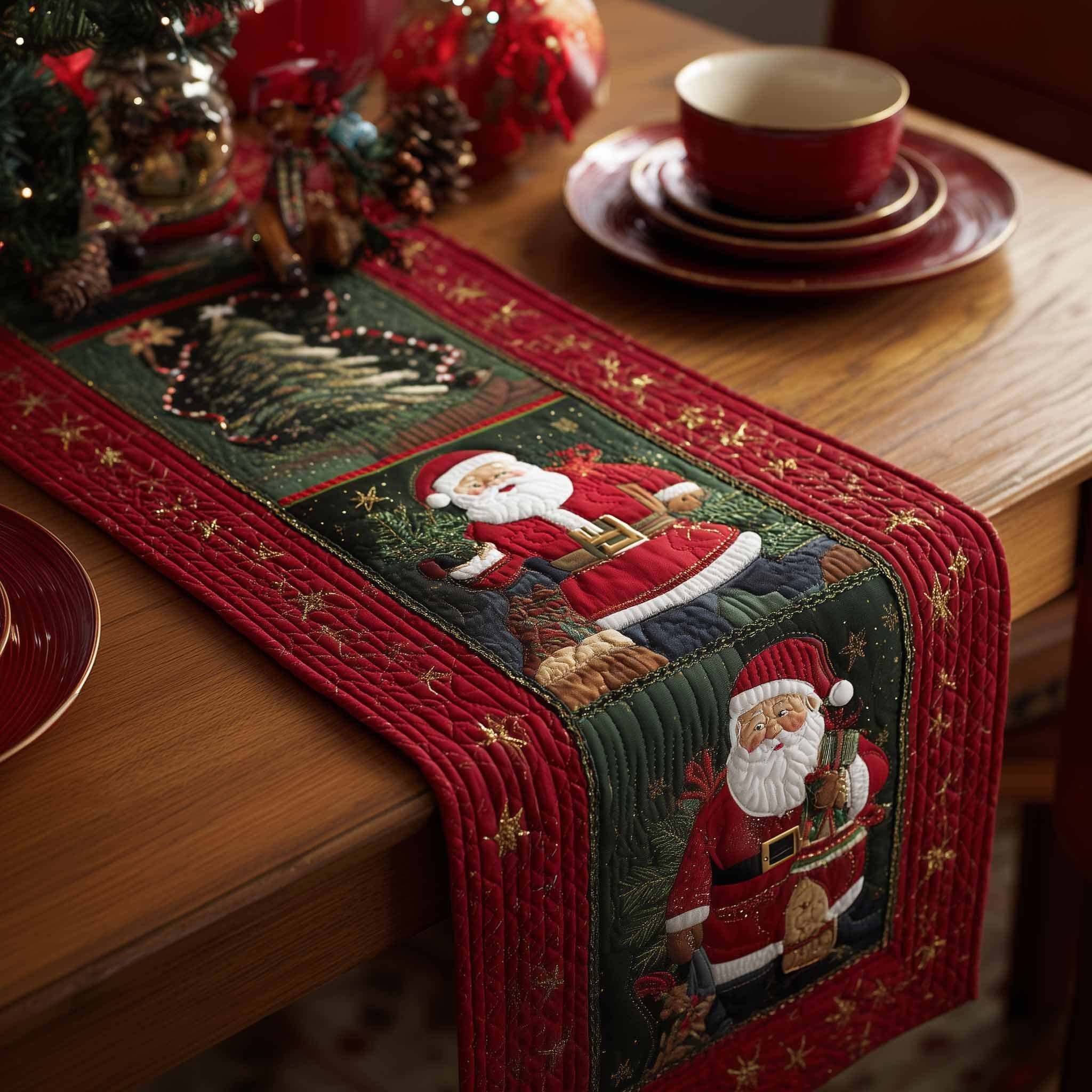 Santa on Green and Red Panel Table Runner