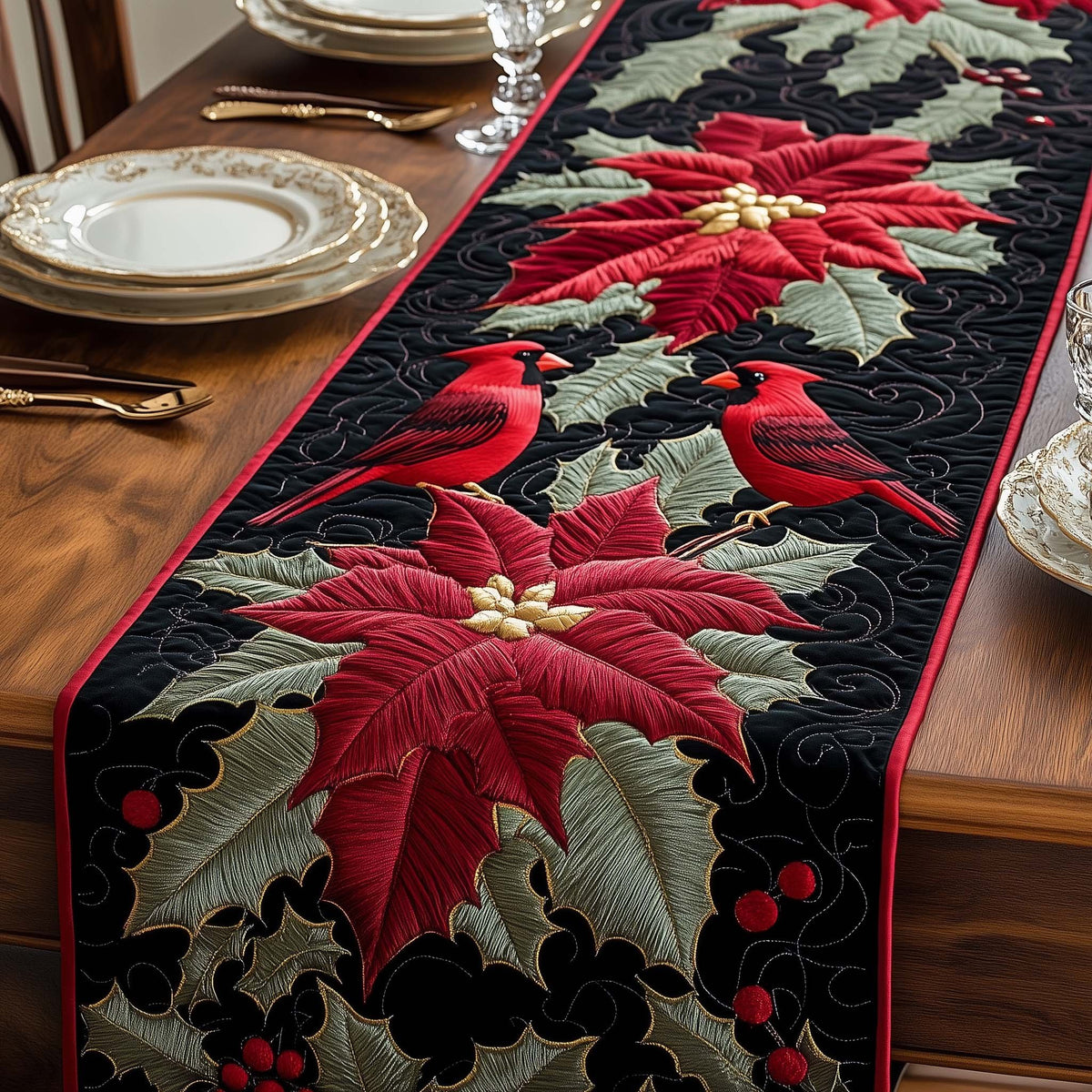 Cardinals with Poinsettia and Holly Table Runner