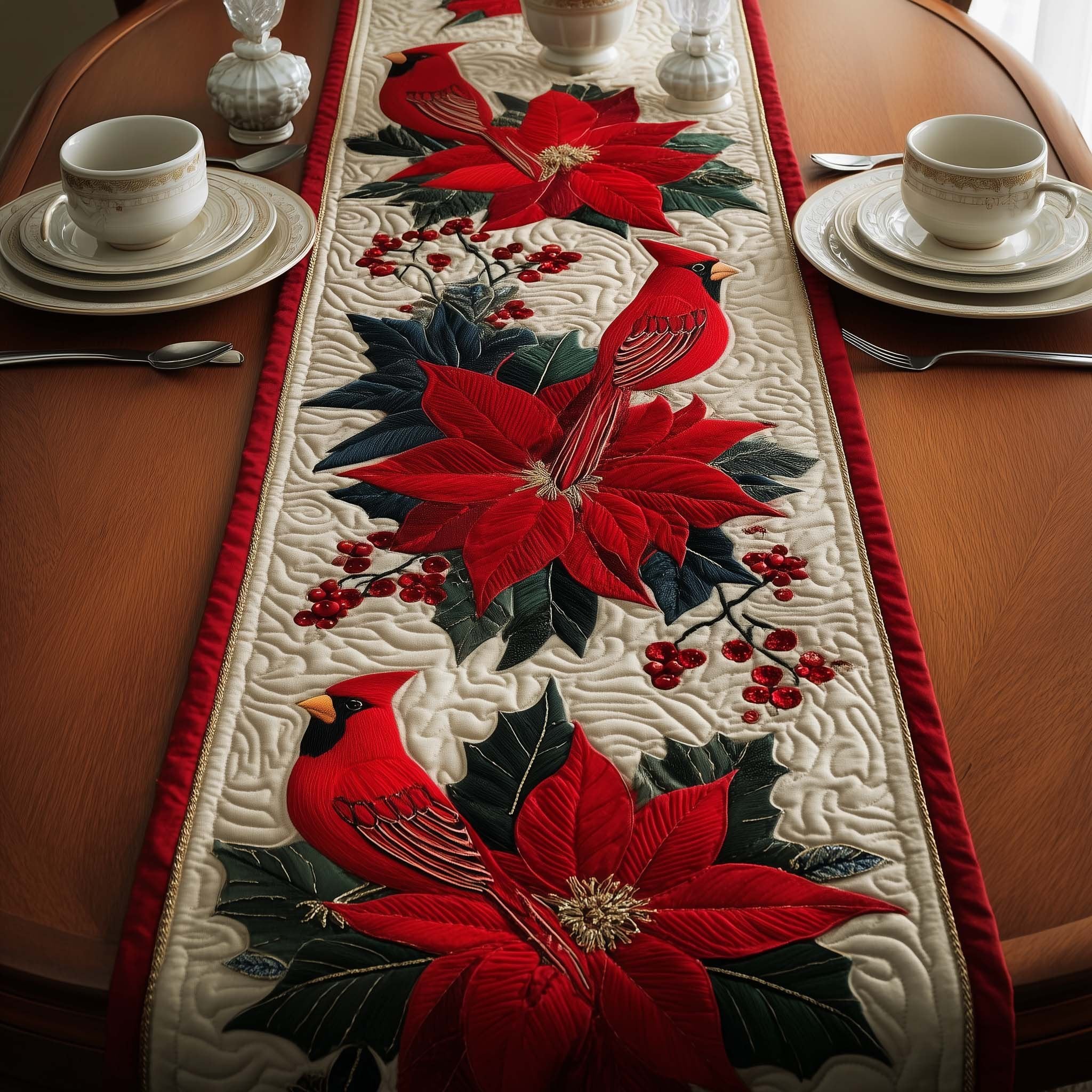 Cardinal Among Red Poinsettias Table Runner