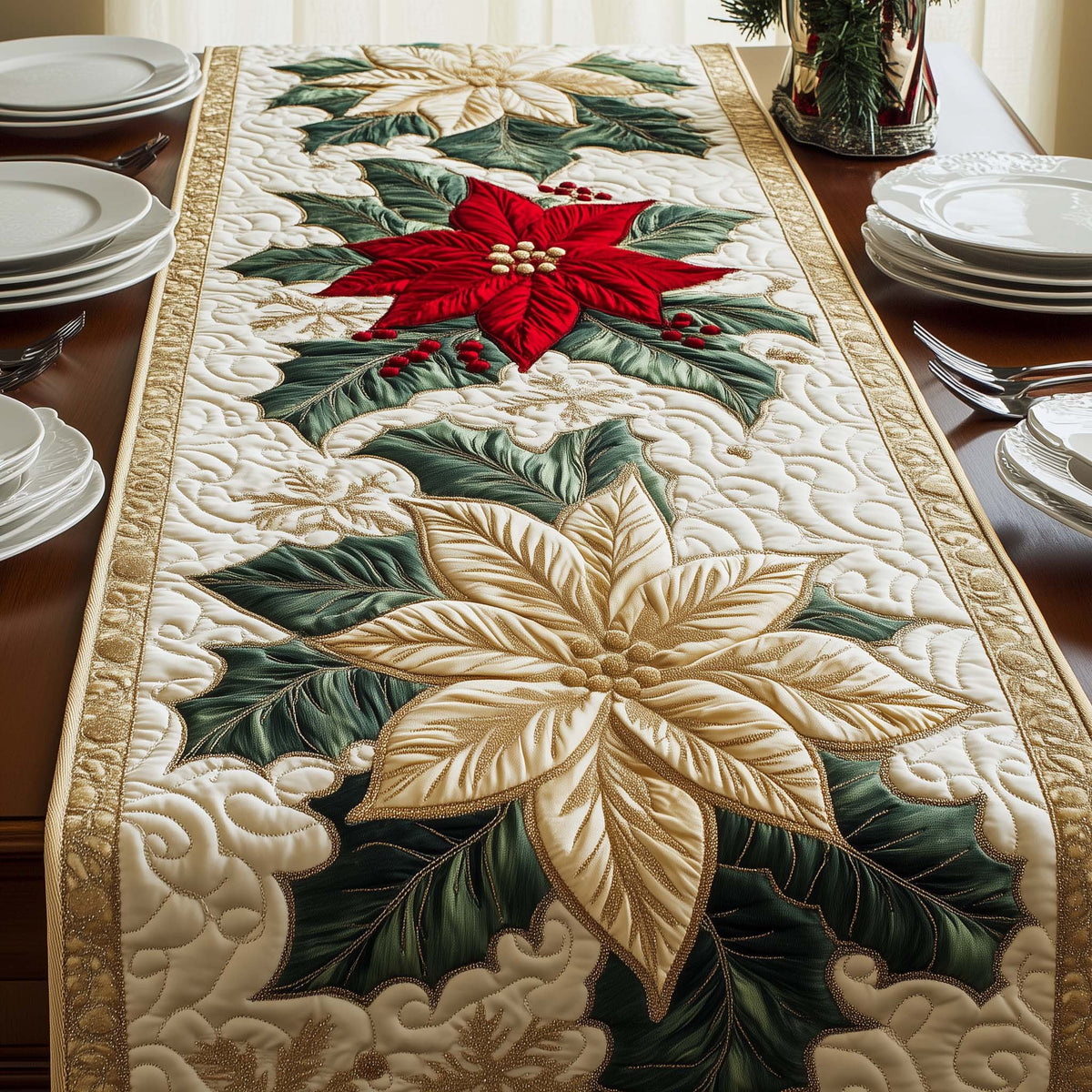 Cream Poinsettia with Red Bloom Table Runner