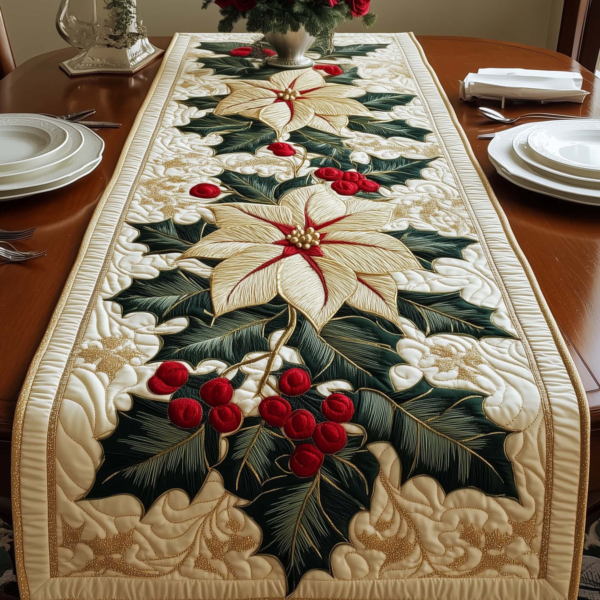 Cream Poinsettia with Holly Berries Table Runner