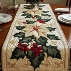 Cream Poinsettia with Holly Berries Table Runner