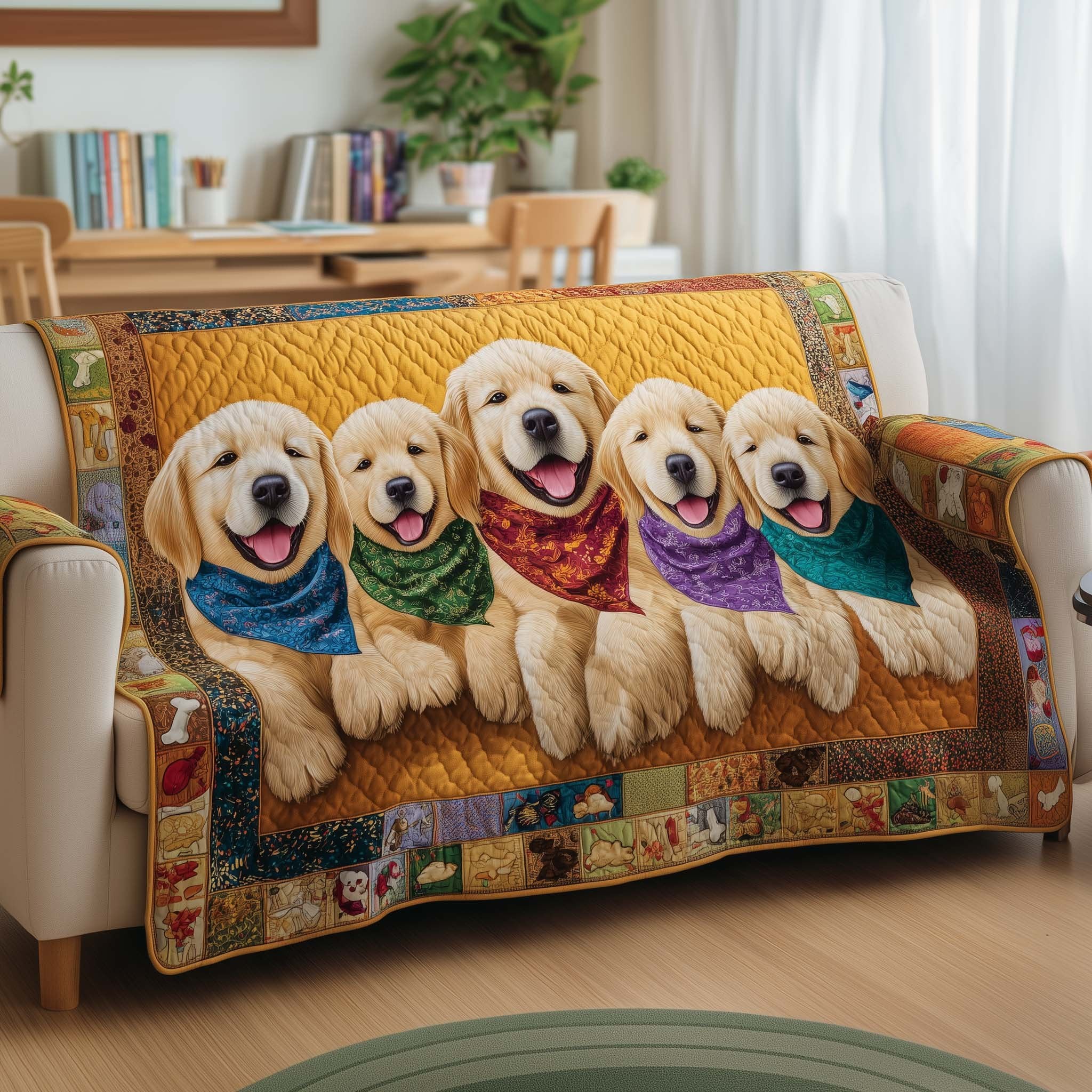 Golden Puppies in Coloured Bandanas Sofa Cover