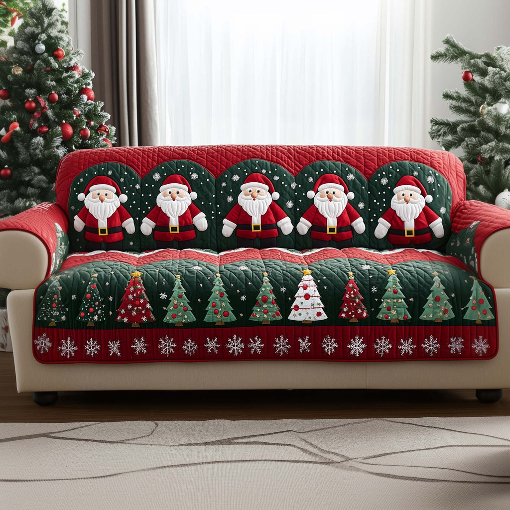 Row of Santas Above Christmas Trees Sofa Cover