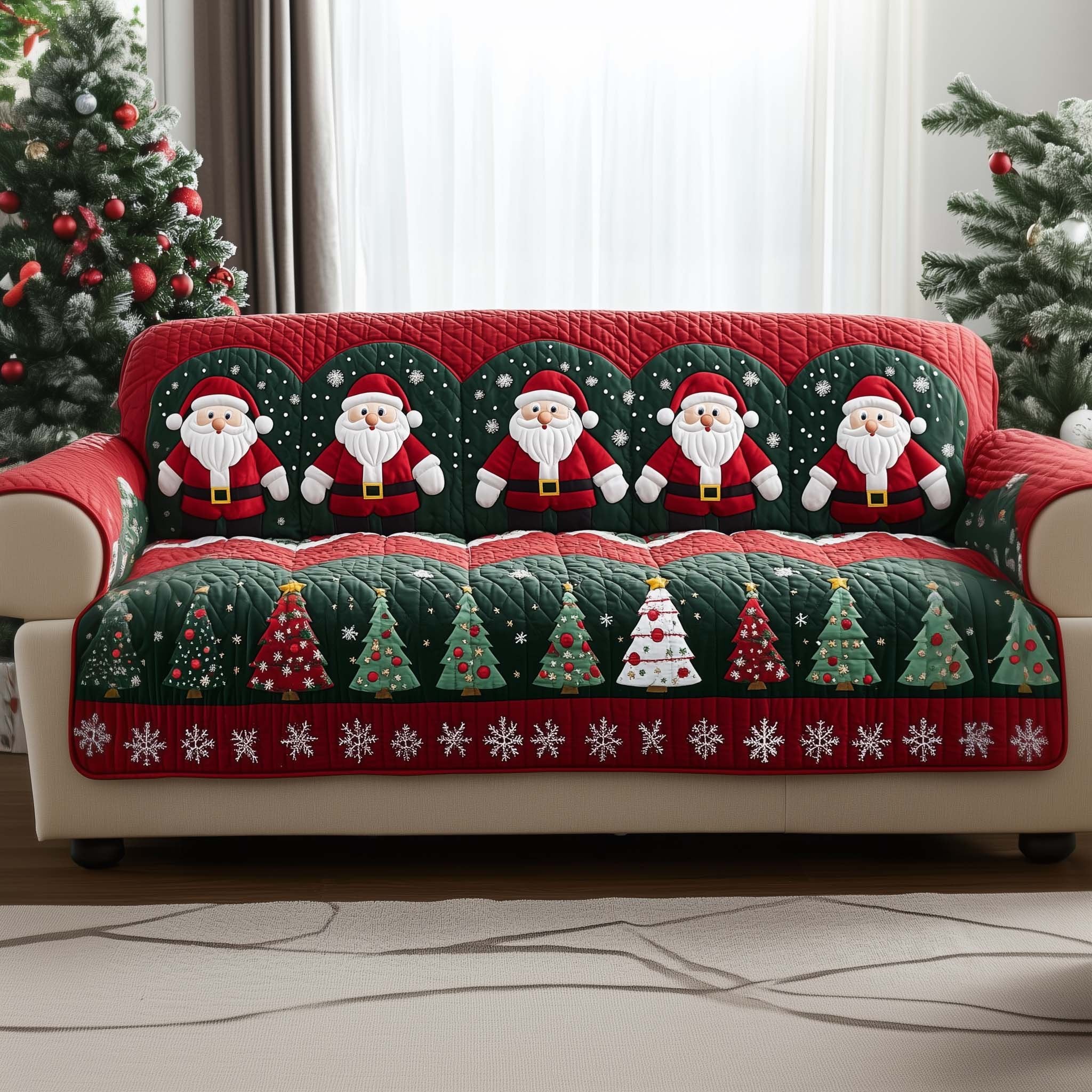 Row of Santas Above Christmas Trees Sofa Cover