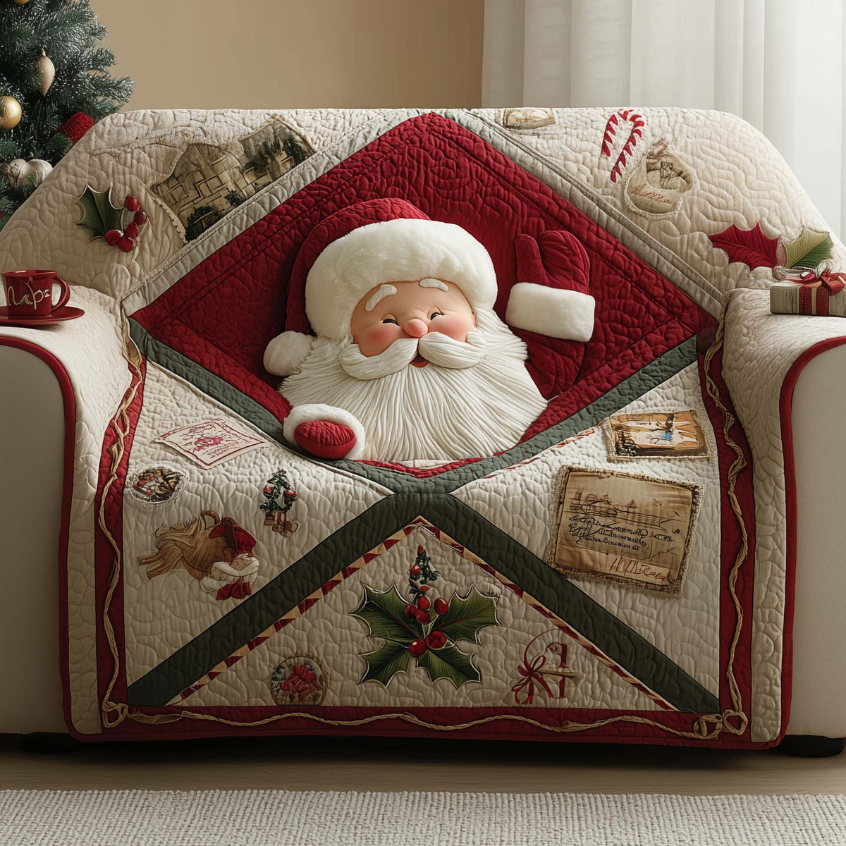 Santa Face on Cream and Red Quilt Sofa Cover