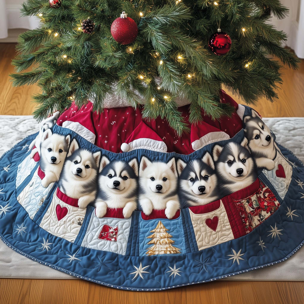 Husky Puppies in Christmas Stockings Christmas Tree Skirt