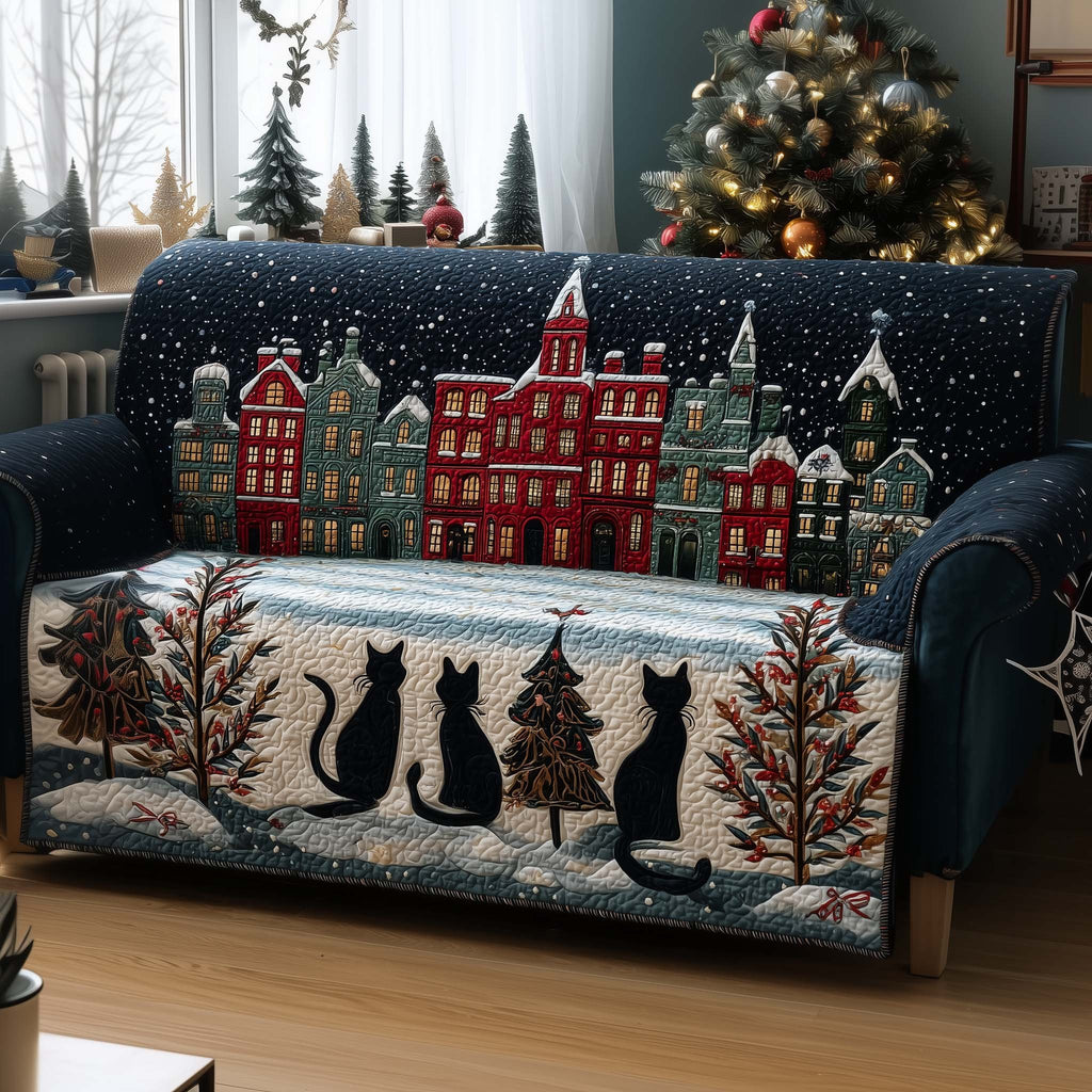 Three Cats Watching the Snowy Town Sofa Cover