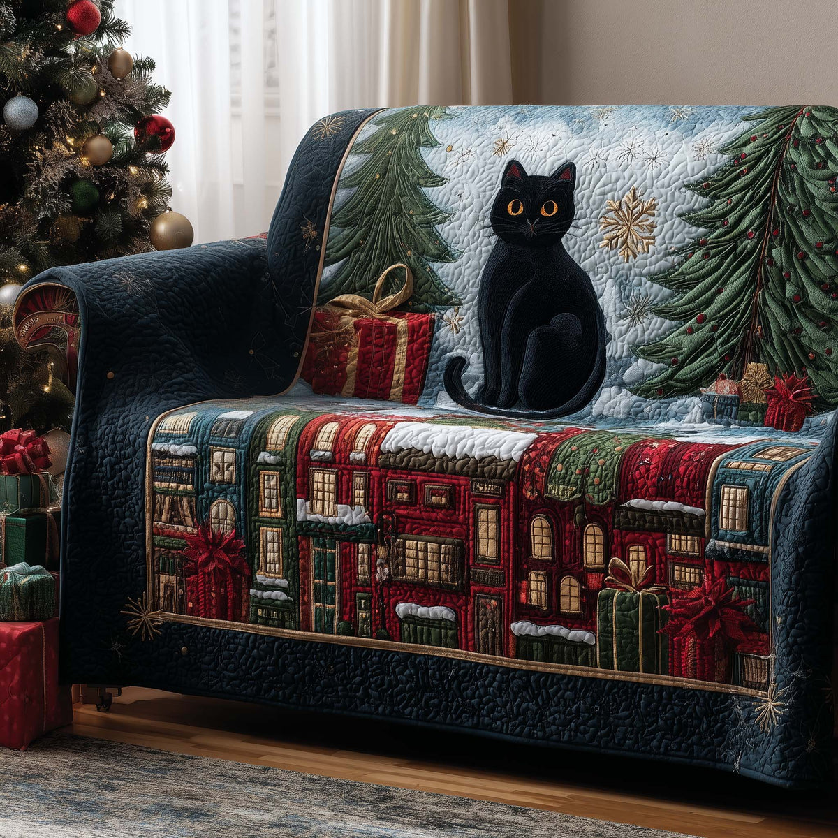 Black Cat and Gifts on the Winter Street Sofa Cover