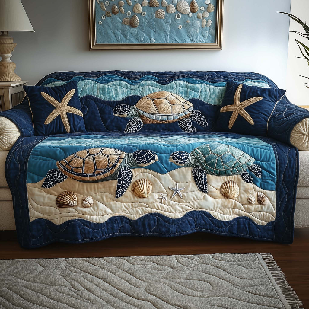 Sea Turtles and Starfish on Blue Sofa Cover