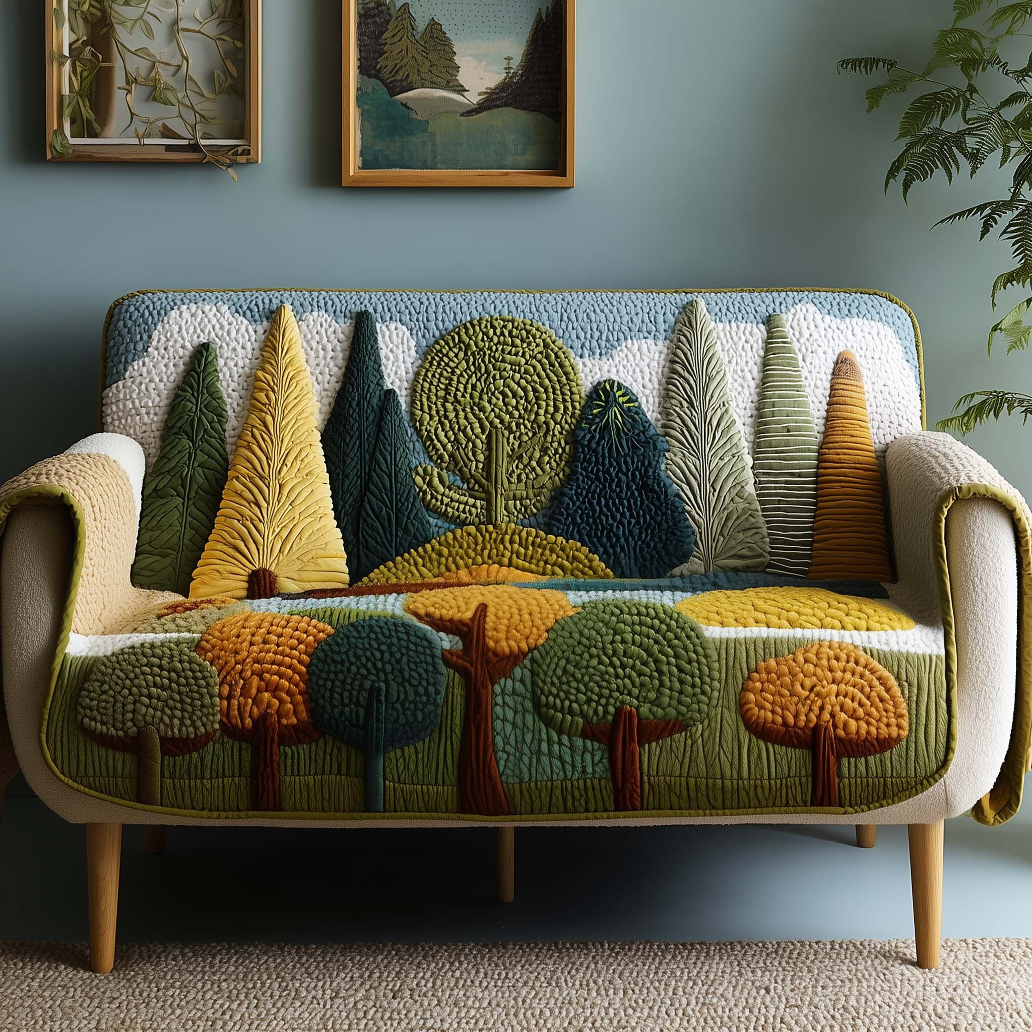 Green and Yellow Quilted Trees Sofa Cover