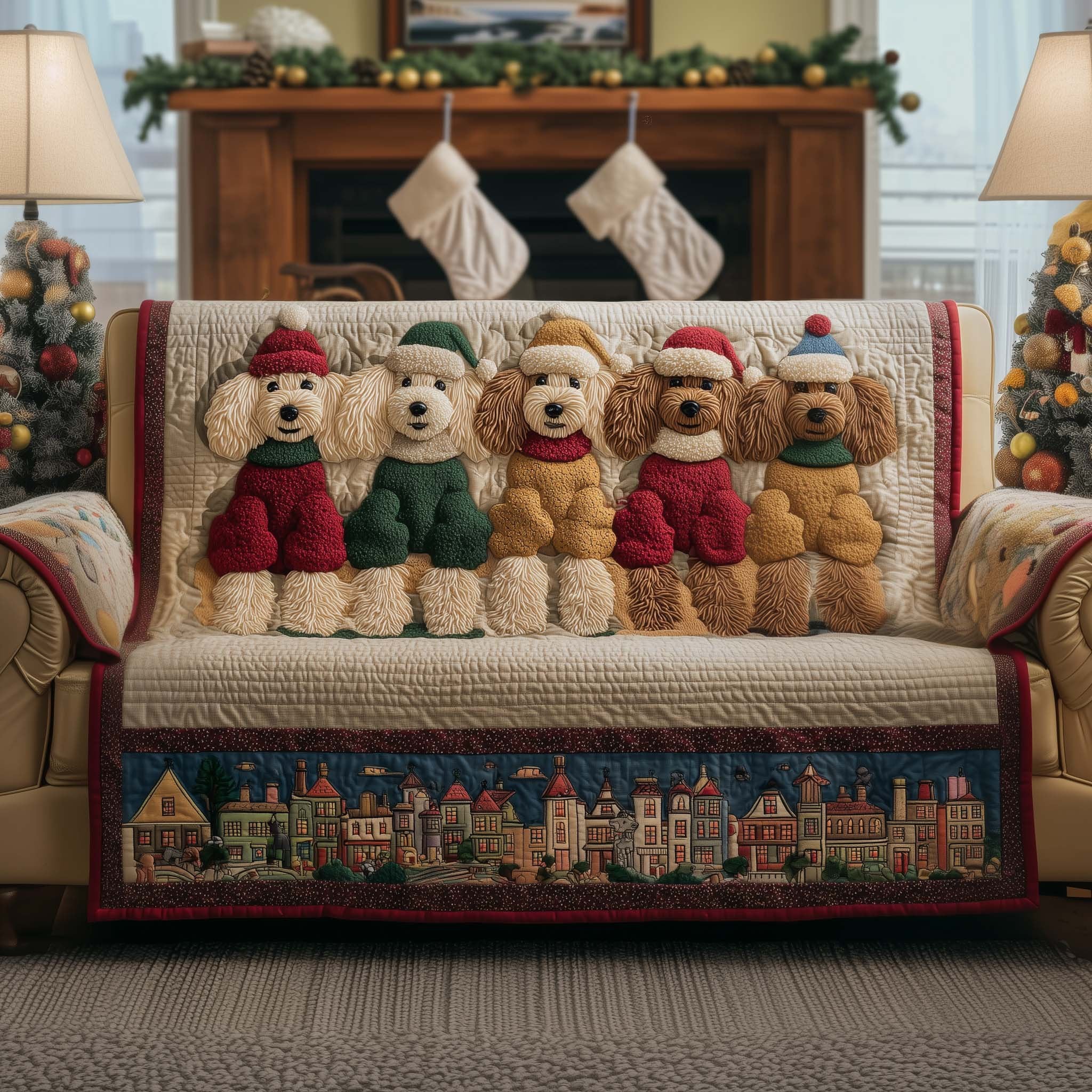 Poodles in Sweaters Above the Village Sofa Cover