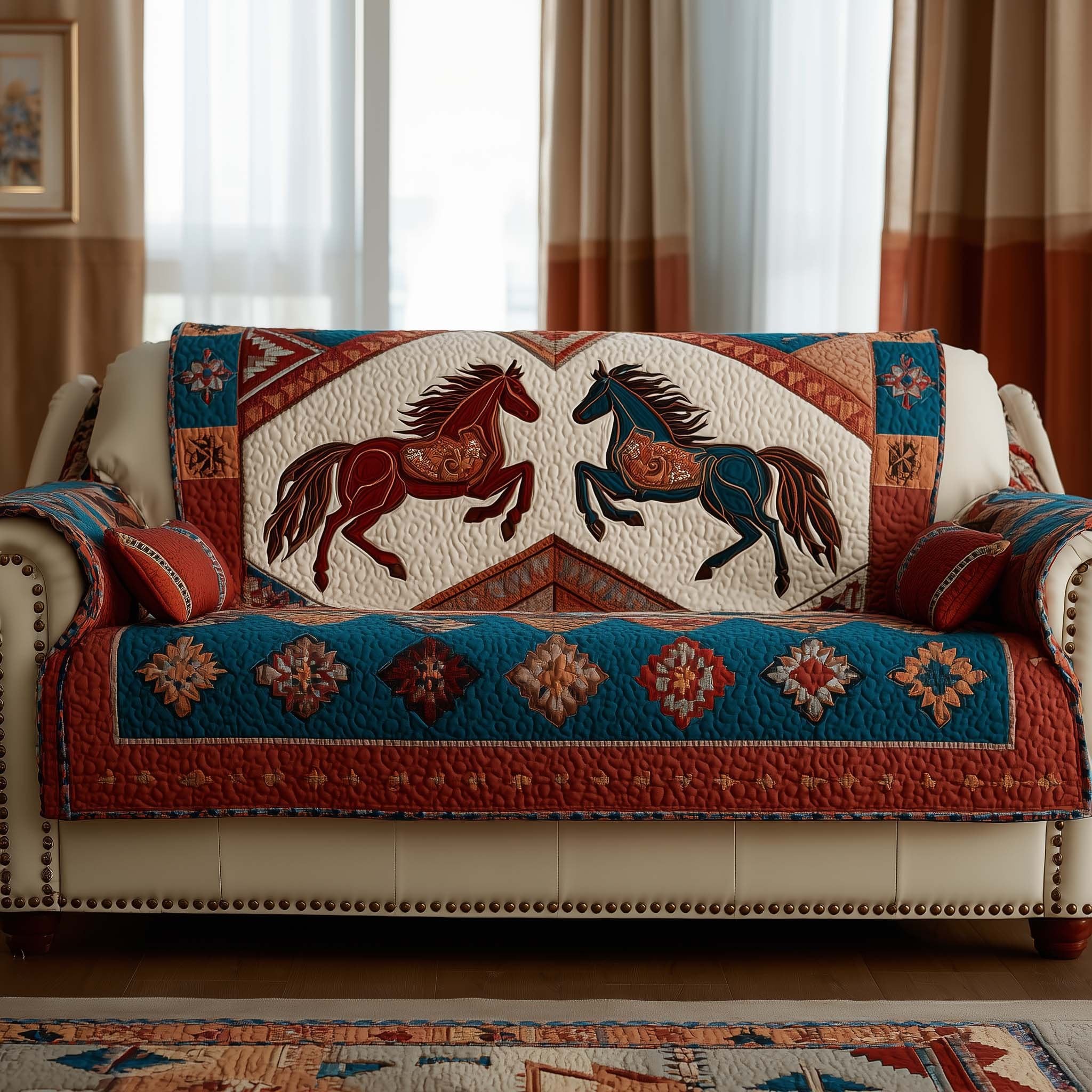 Horses on Southwest Red and Blue Sofa Cover