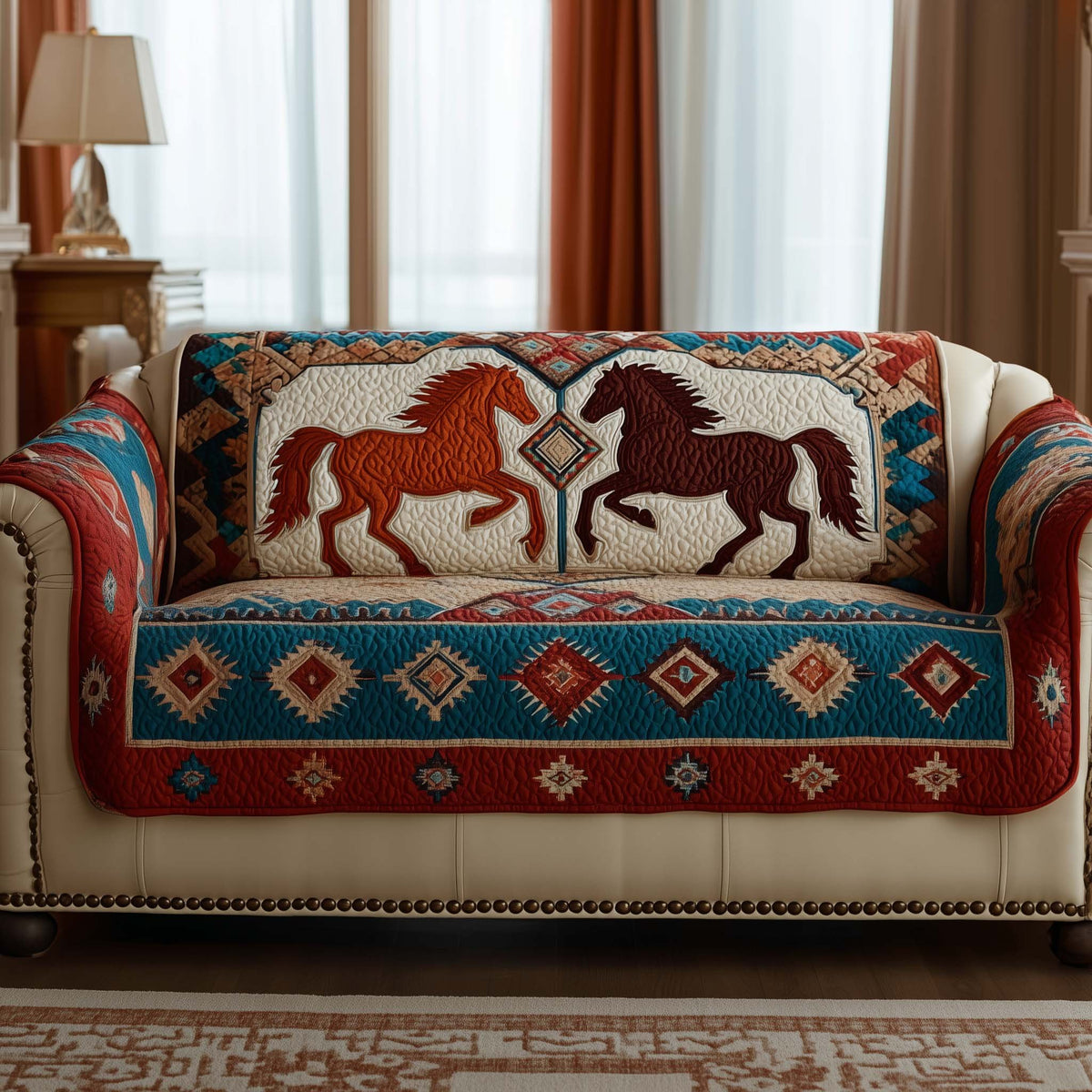Red Horses on Southwest Bands Sofa Cover