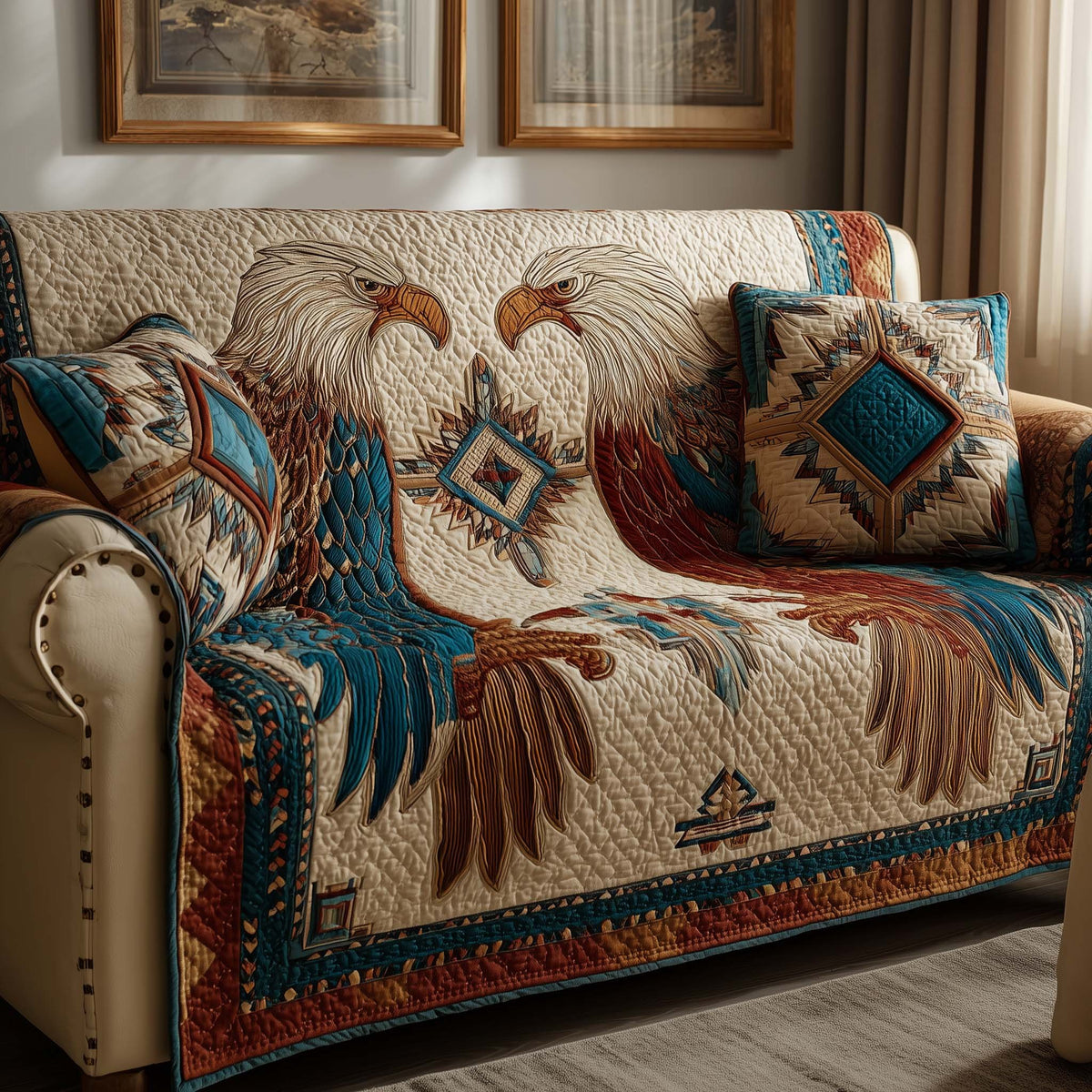 Eagle Feathers on Southwest Cream Sofa Cover