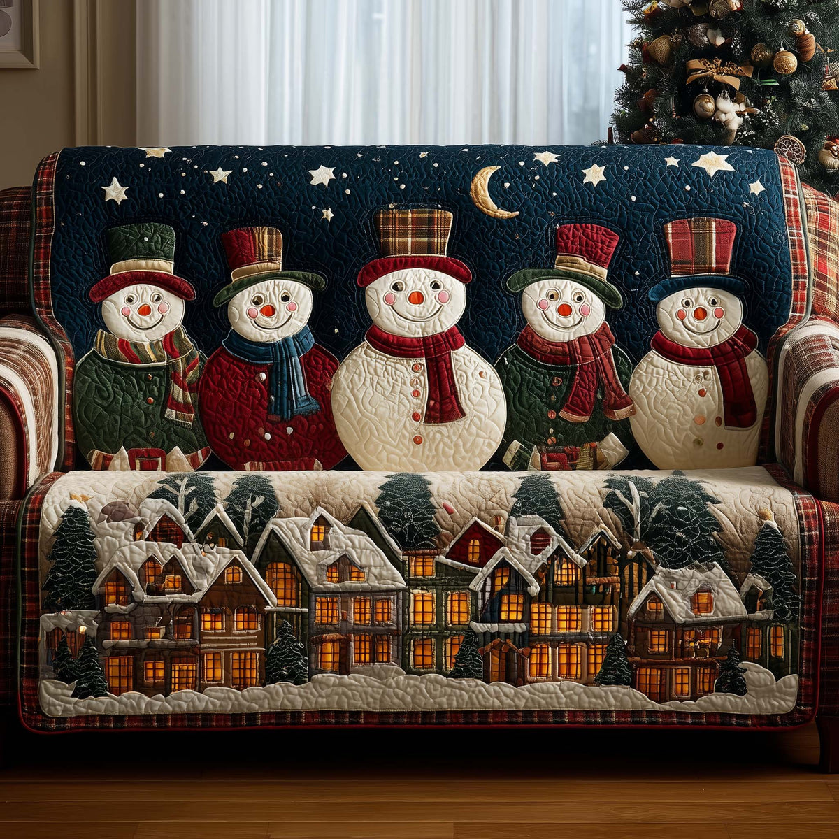 Snowmen Above the Glowing Village Sofa Cover