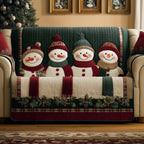 Snowmen in Green Hats on Cream Sofa Cover