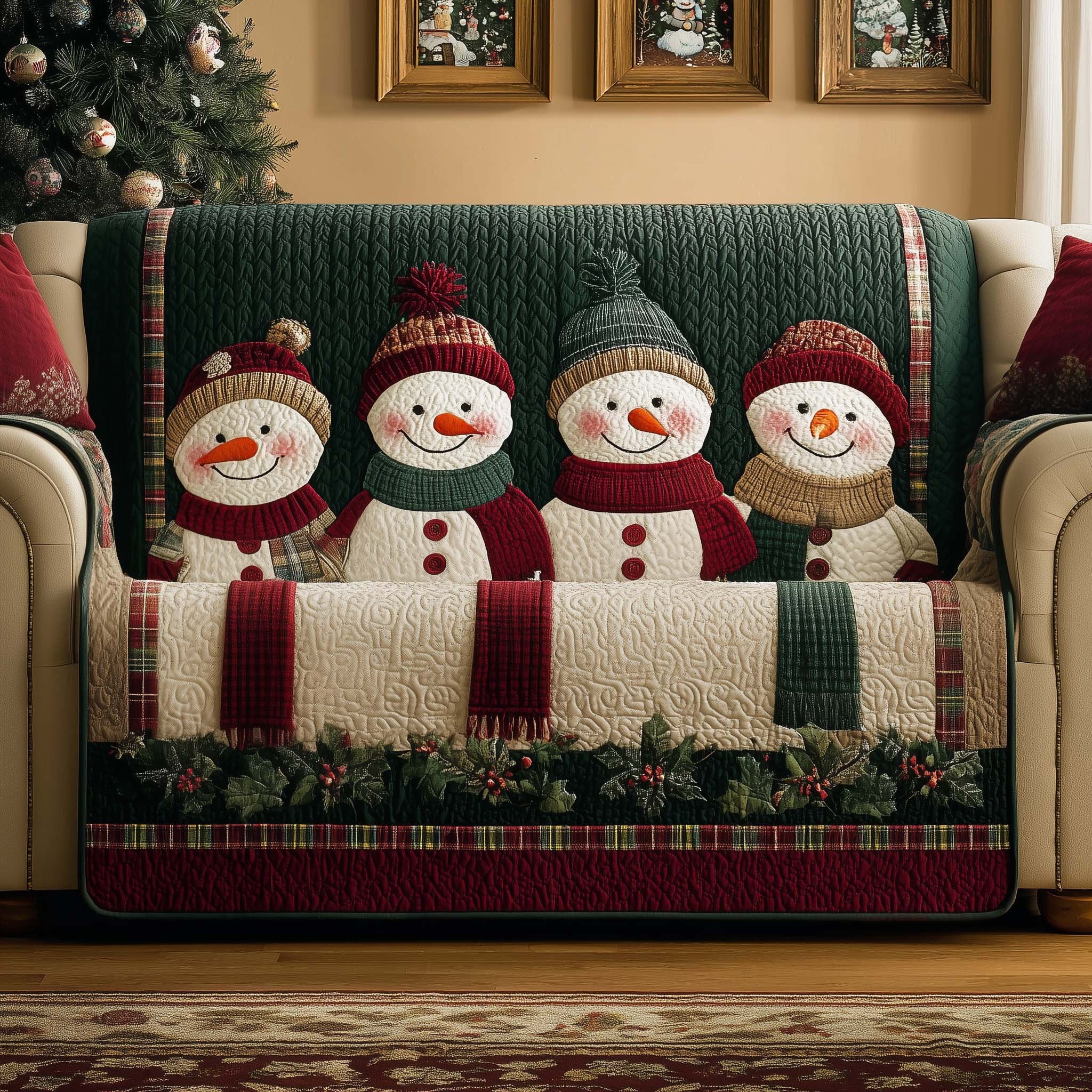 Snowmen in Green Hats on Cream Sofa Cover