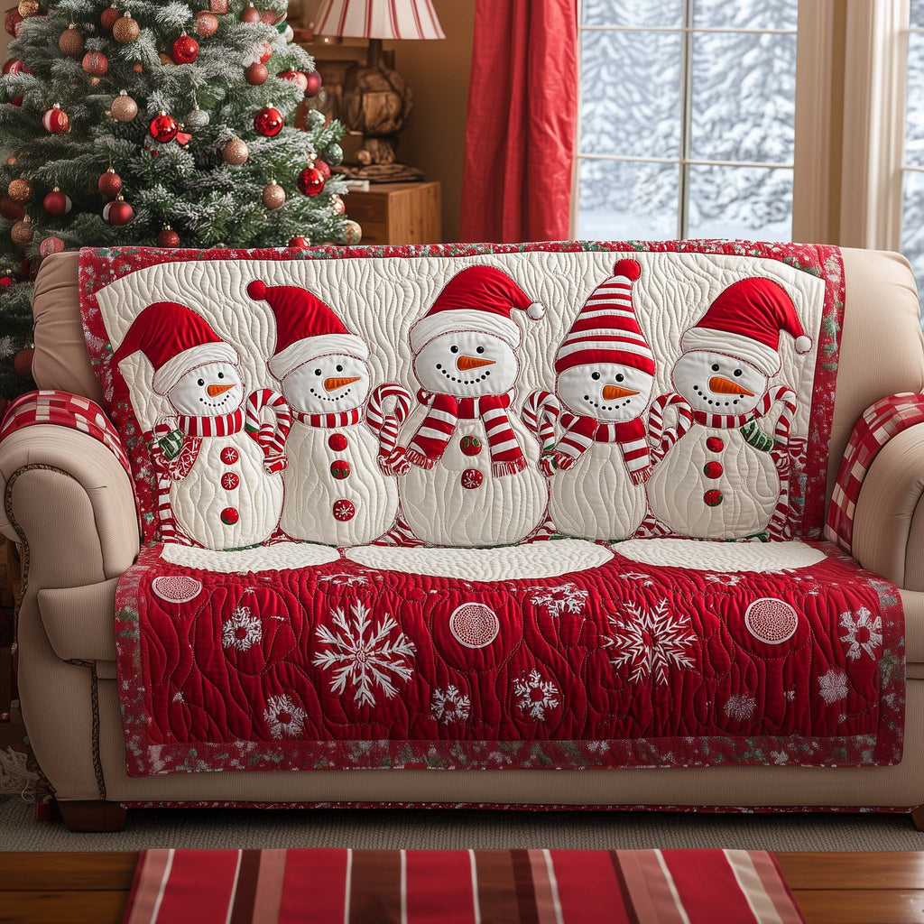 Snowmen in Red Hats on Red Quilt Sofa Cover
