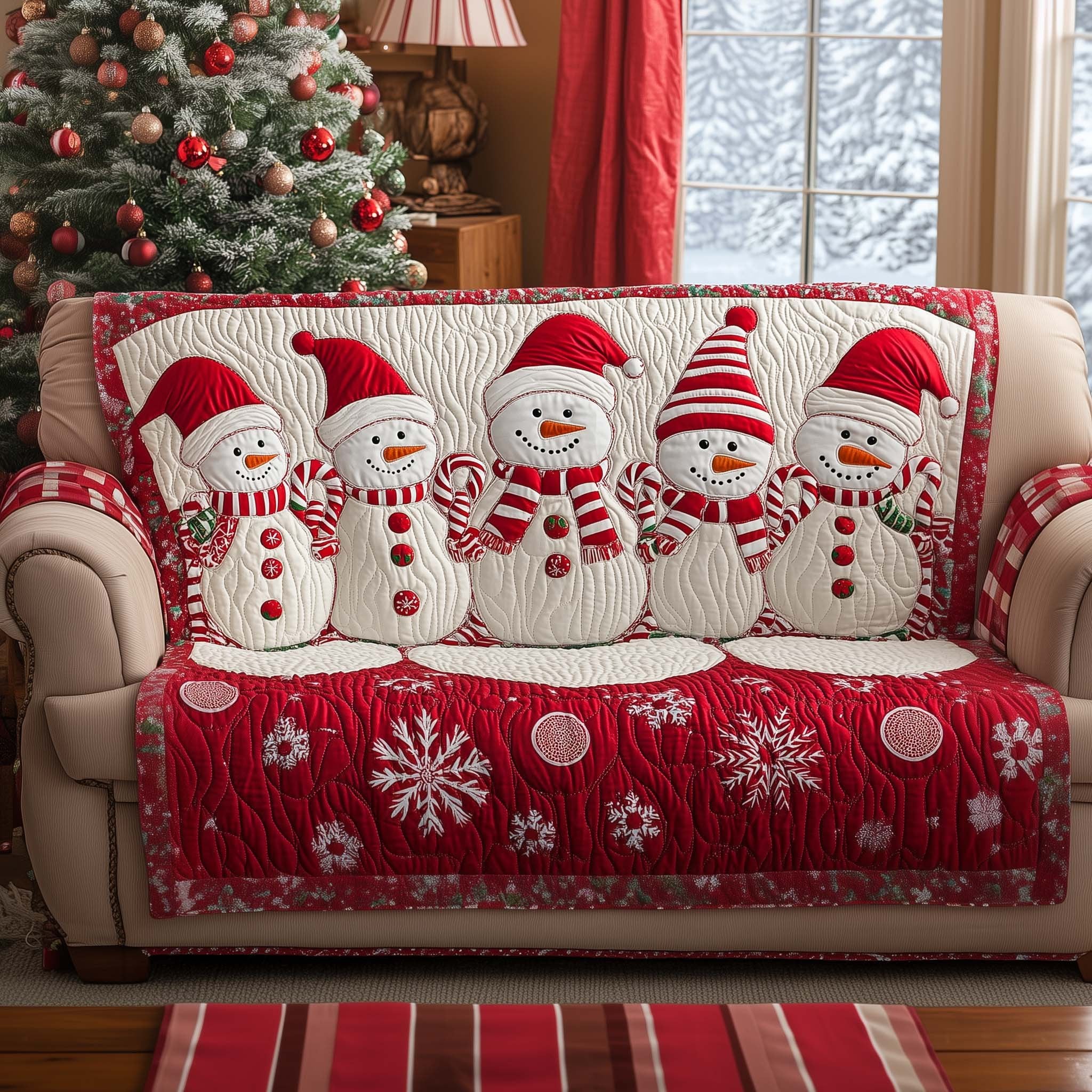 Snowmen in Red Hats on Red Quilt Sofa Cover
