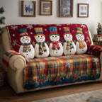 Snowmen Above a Red Plaid Border Sofa Cover