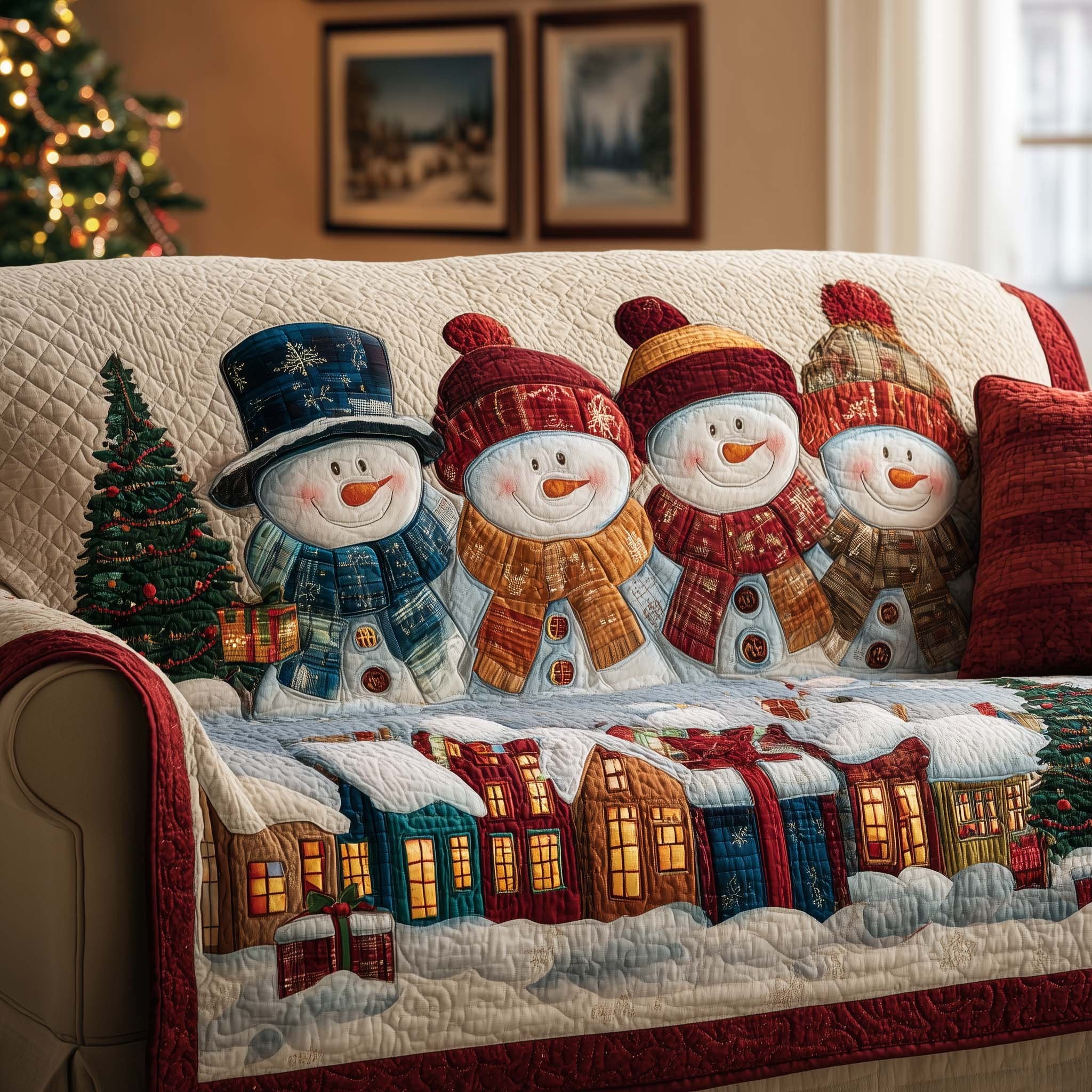 Snowmen in Blue Hats Above Village Sofa Cover