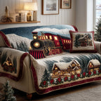 Red Train Passing the Snowy Cabin Sofa Cover