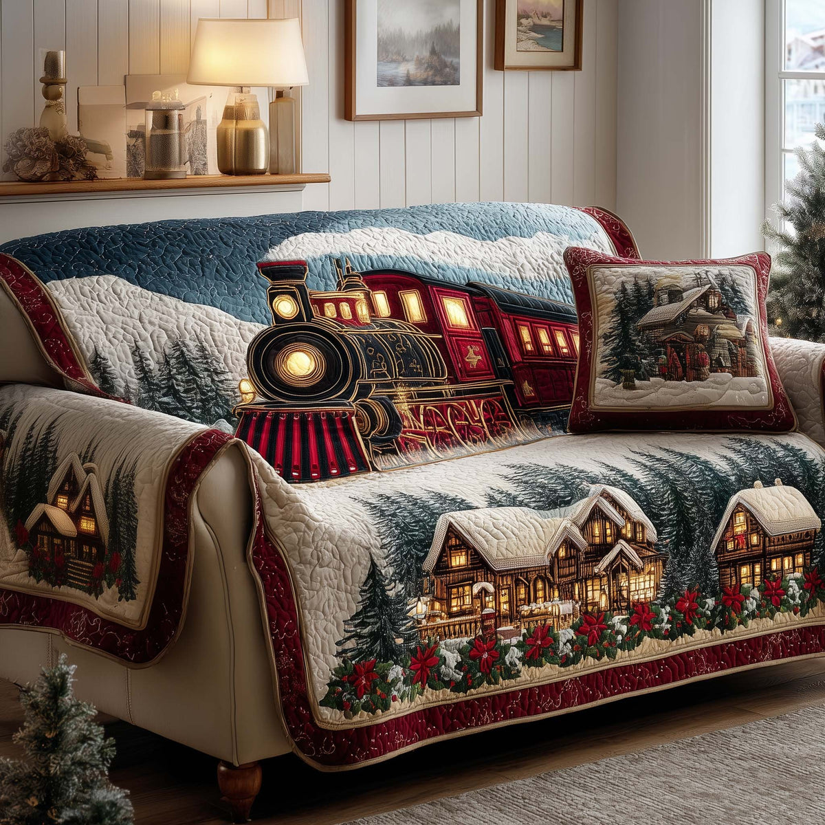 Red Train Passing the Snowy Cabin Sofa Cover