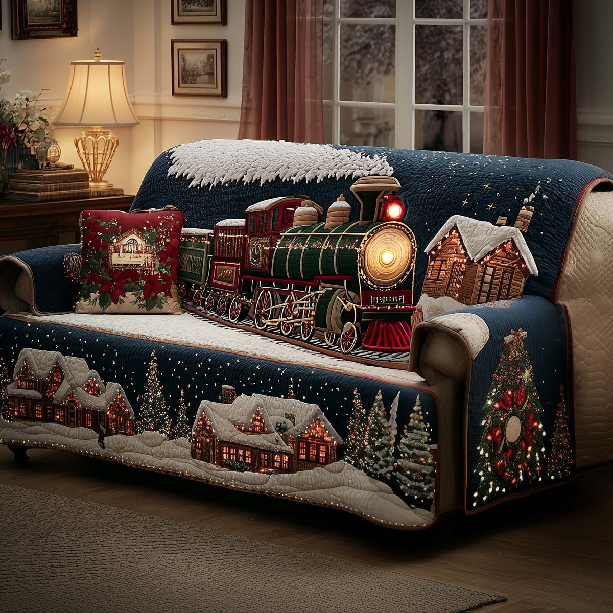 Christmas Train Through the Night Village Sofa Cover