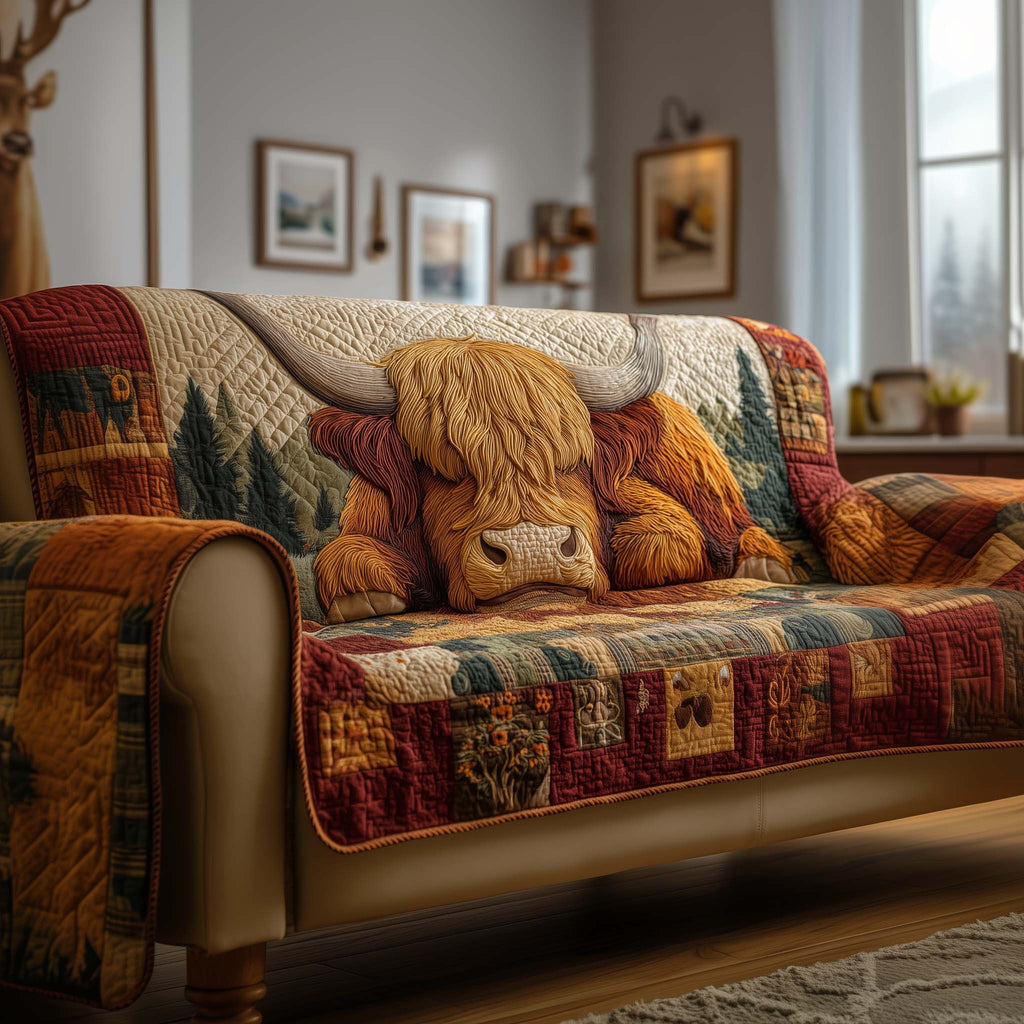 Highland Cow on Red and Green Quilt Sofa Cover