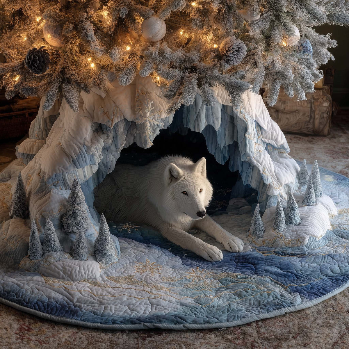 White Wolf in the Icy Cavern Christmas Tree Skirt