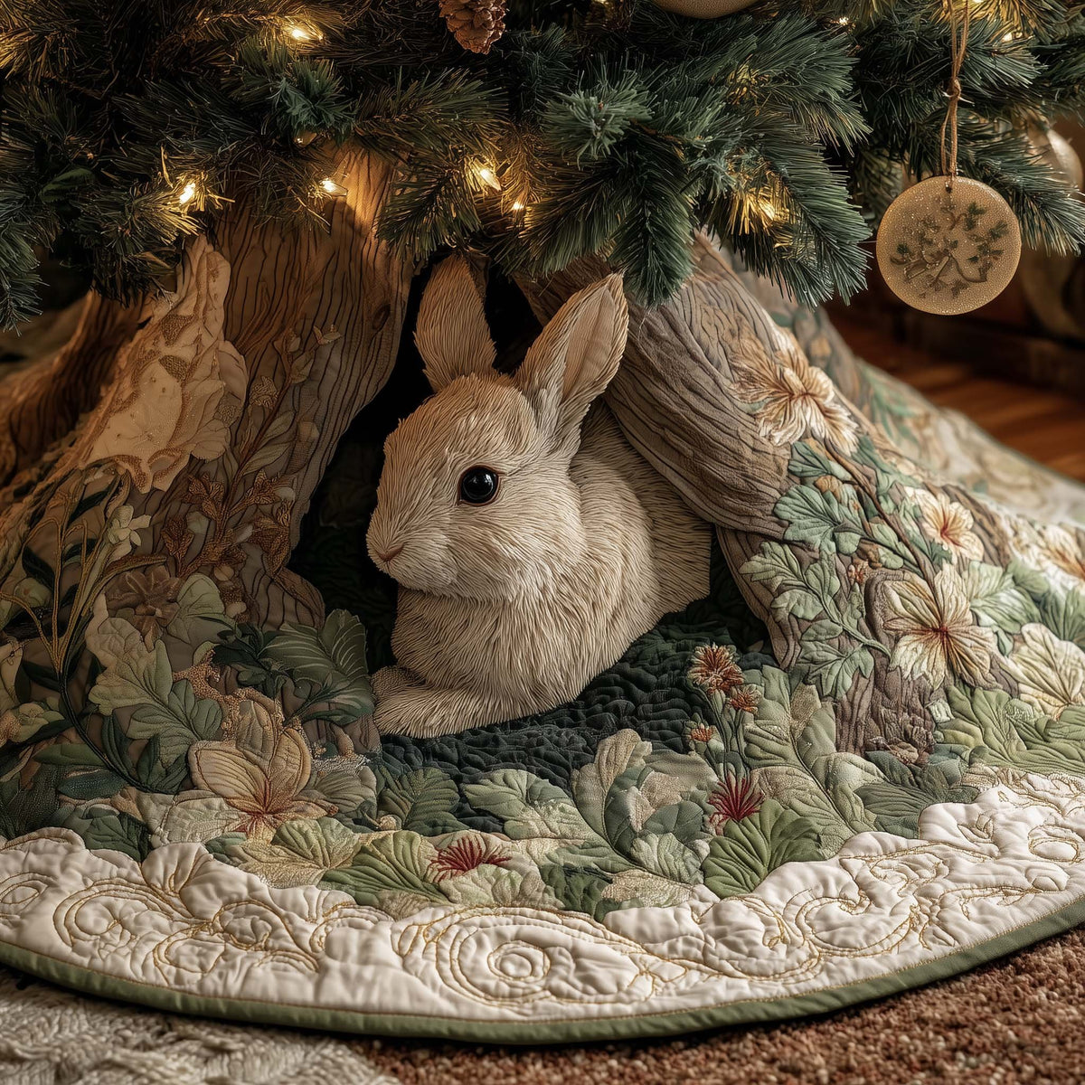 Rabbit in the Floral Hollow Christmas Tree Skirt