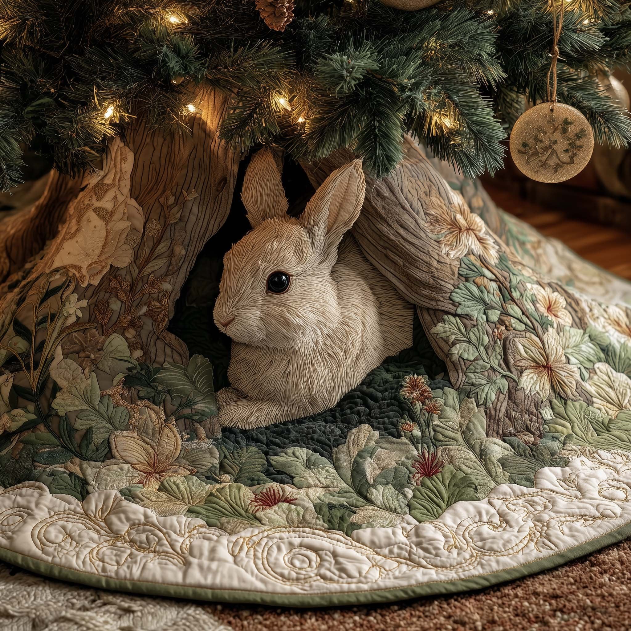 Rabbit in the Floral Hollow Christmas Tree Skirt