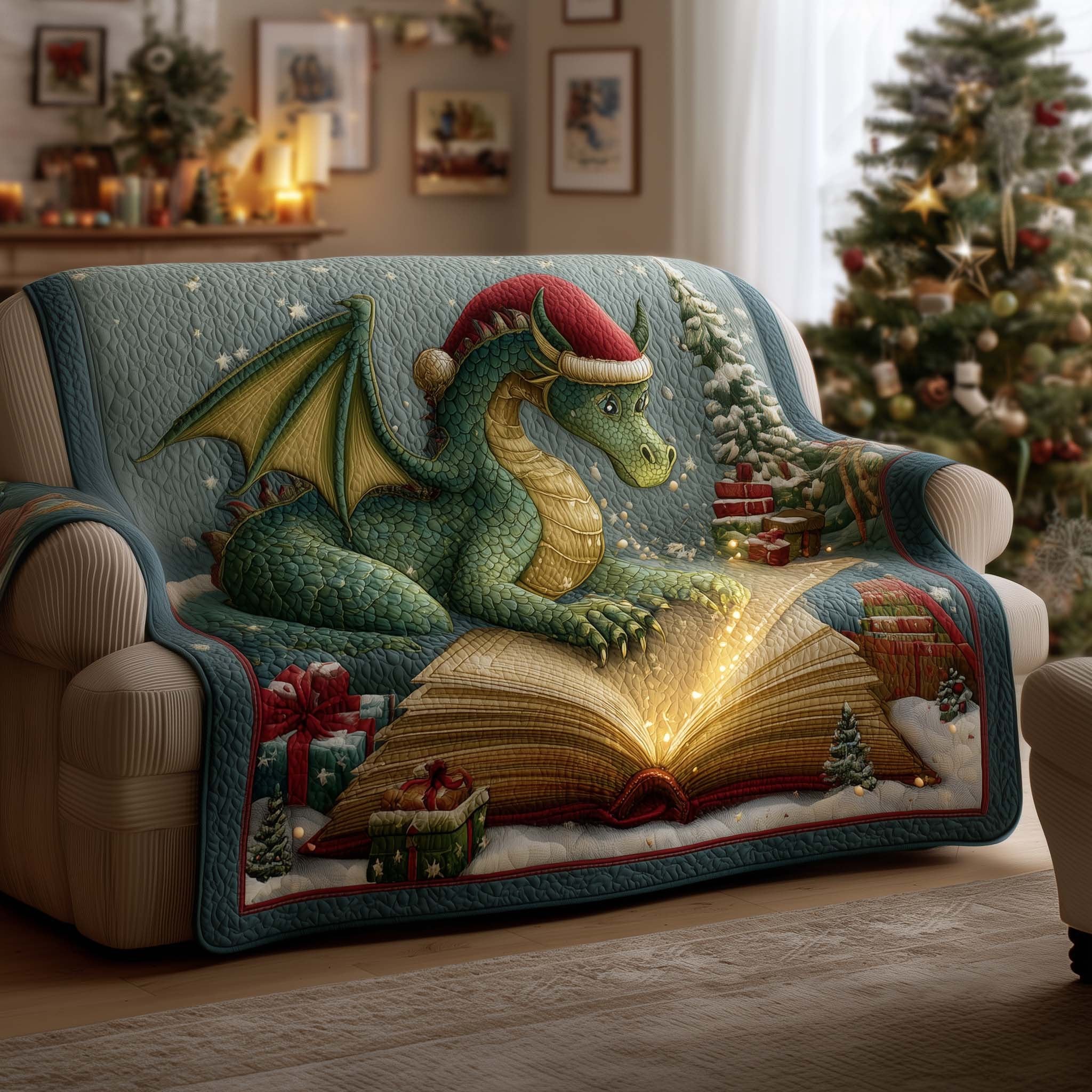 Green Dragon on a Glowing Book Sofa Cover