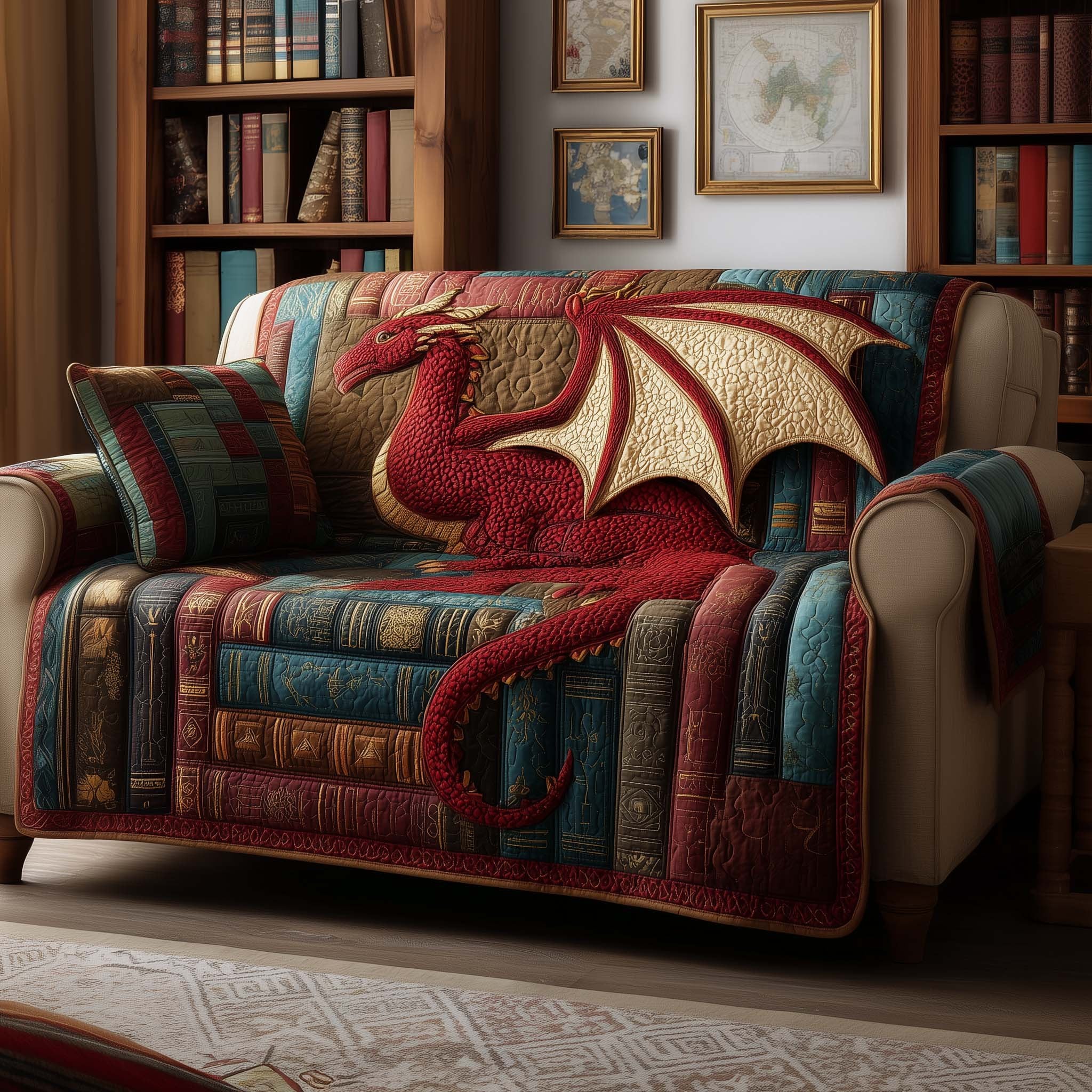 Red Dragon on the Bookshelf Sofa Cover