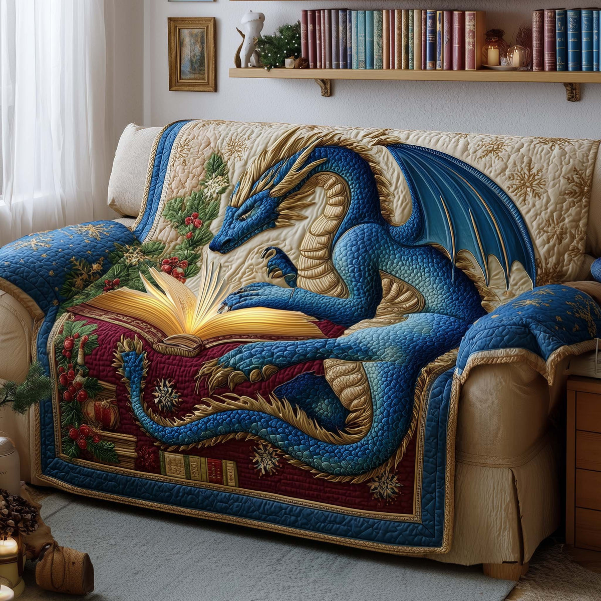 Blue Dragon Above an Open Book Sofa Cover