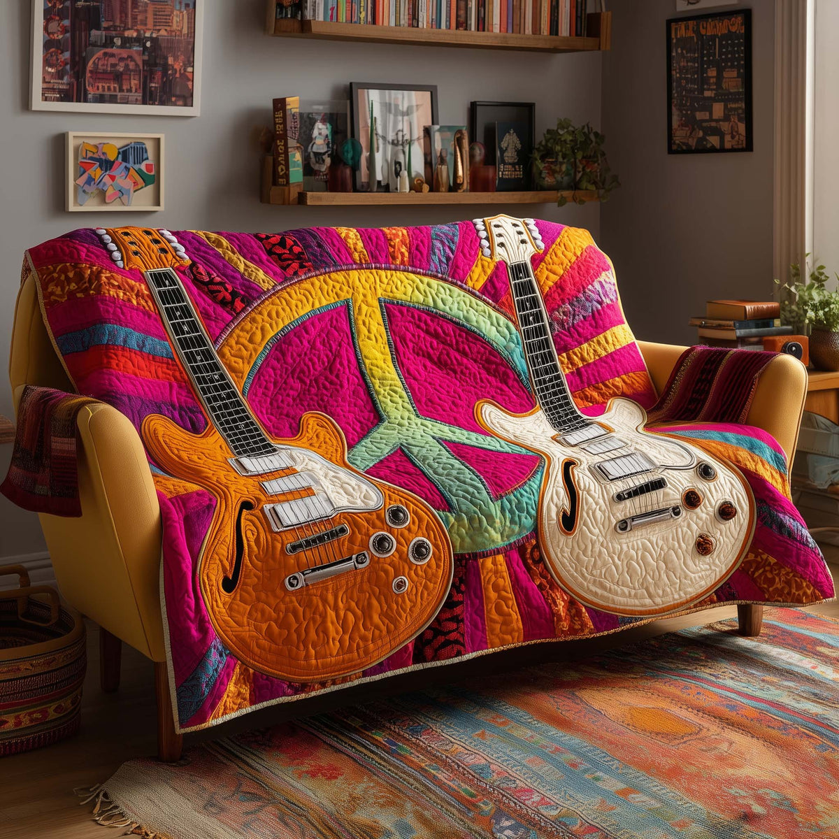 Guitars and Peace Sign on Pink Sofa Cover