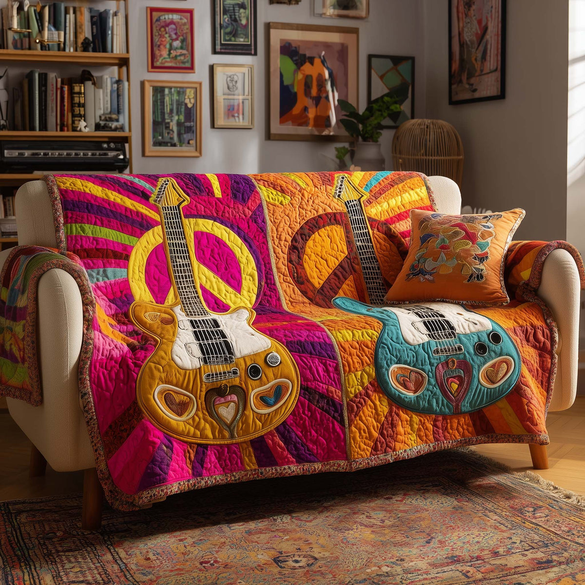 Guitars on Bright Pink and Orange Sofa Cover