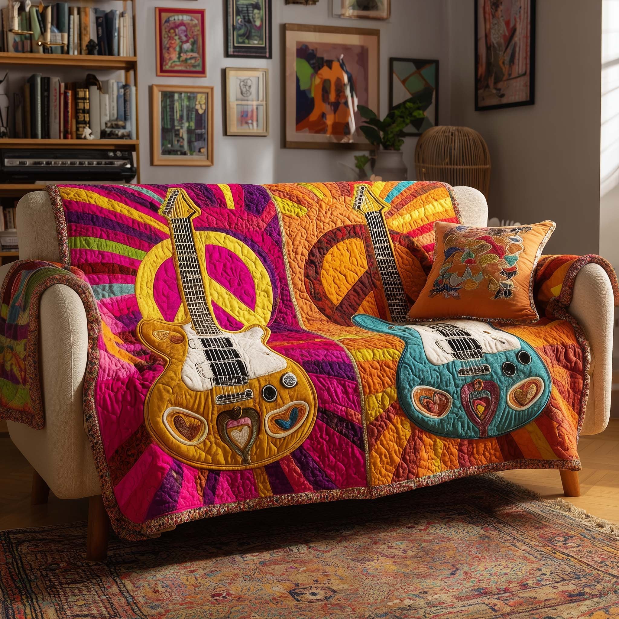 Guitars on Bright Pink and Orange Sofa Cover