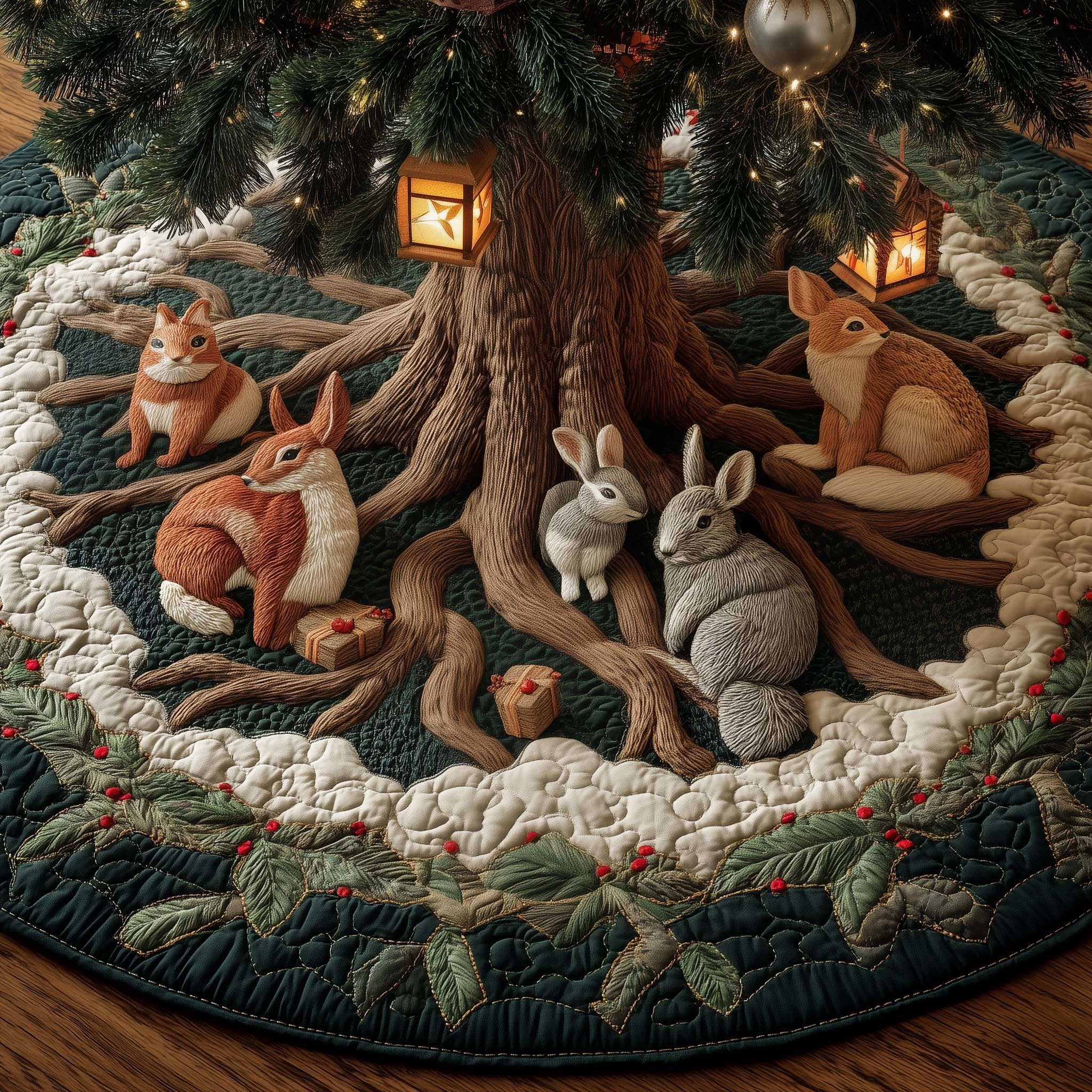 Woodland Animals in the Tree Roots Christmas Tree Skirt