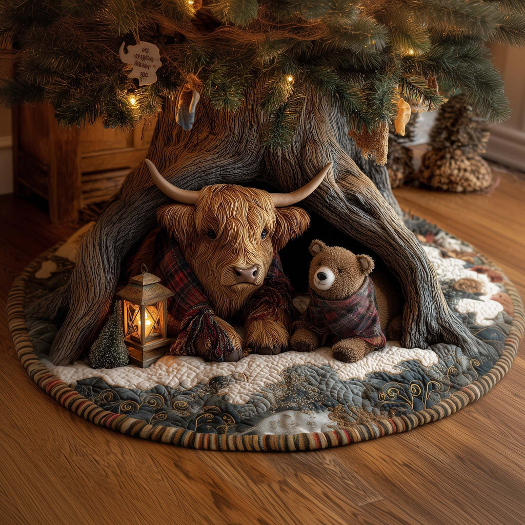 Highland Cow and Bear in a Hollow Christmas Tree Skirt