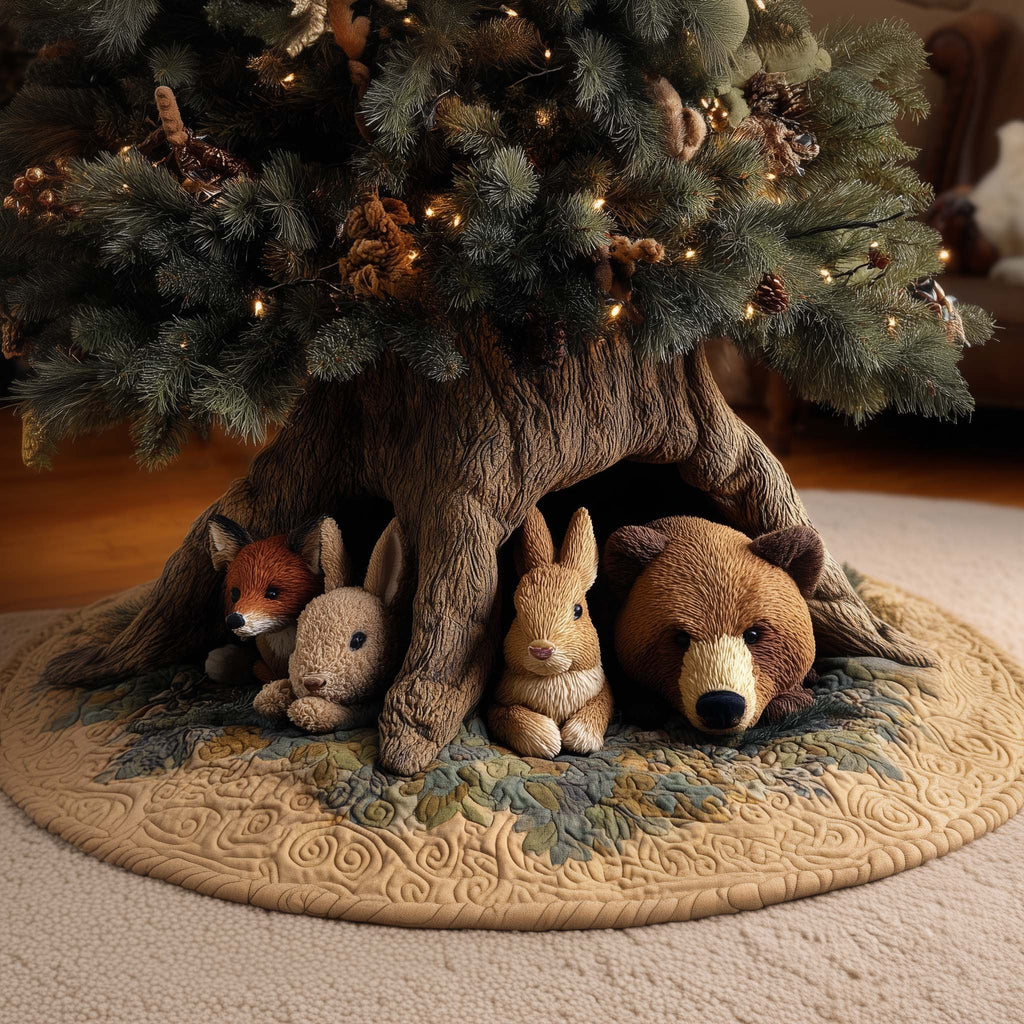 Fox Rabbit and Bear Under the Roots Christmas Tree Skirt
