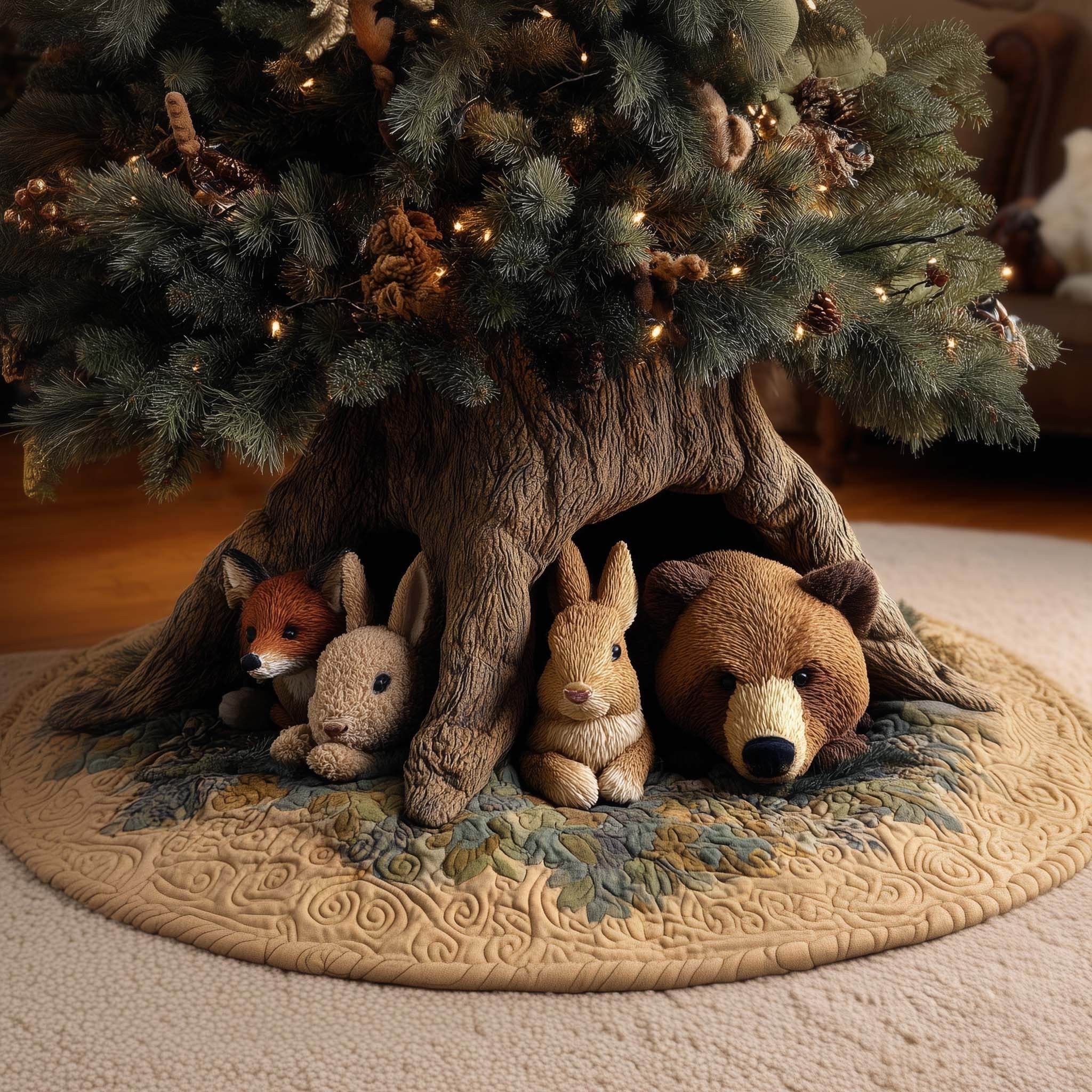 Fox Rabbit and Bear Under the Roots Christmas Tree Skirt
