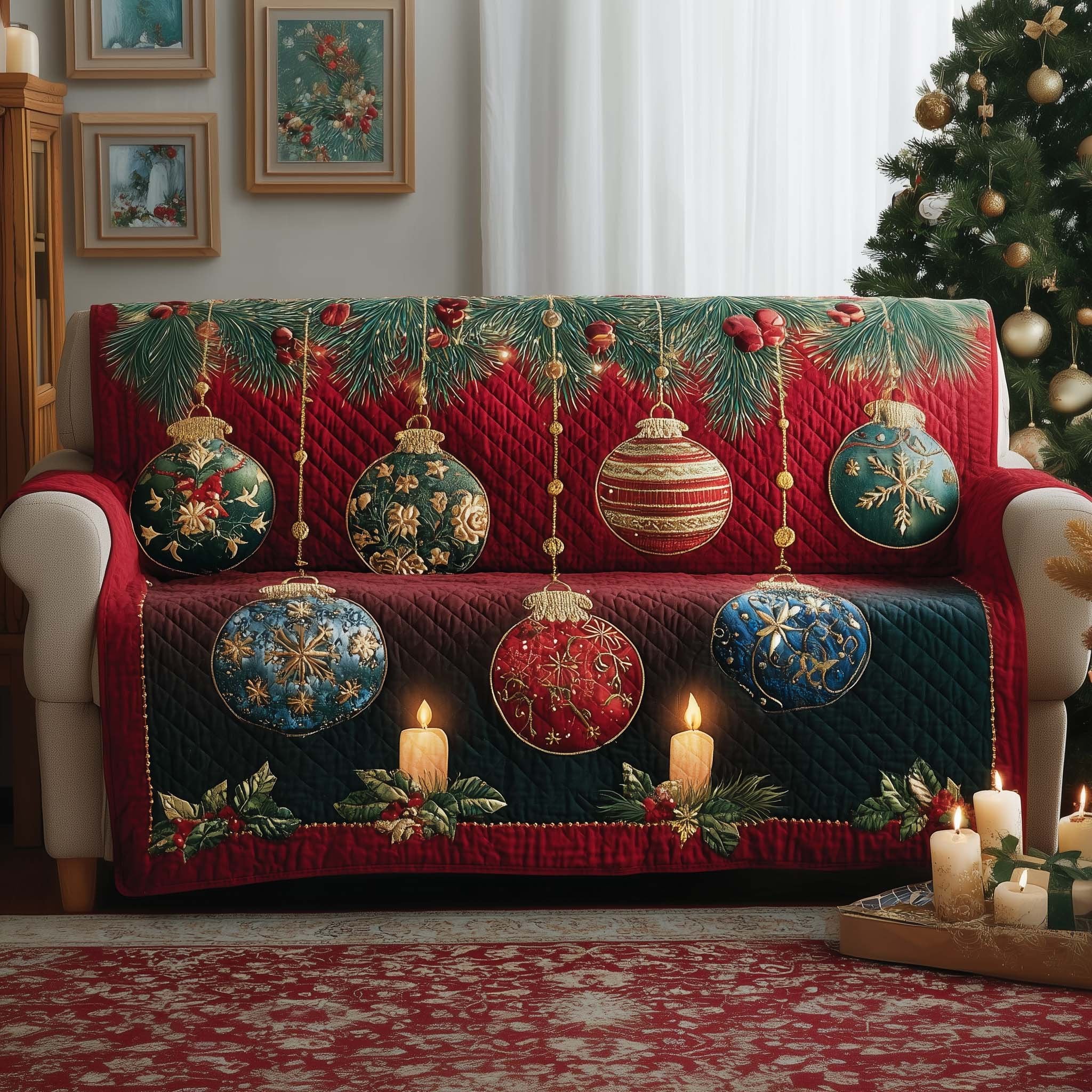 Hanging Ornaments and Candles on Green Sofa Cover