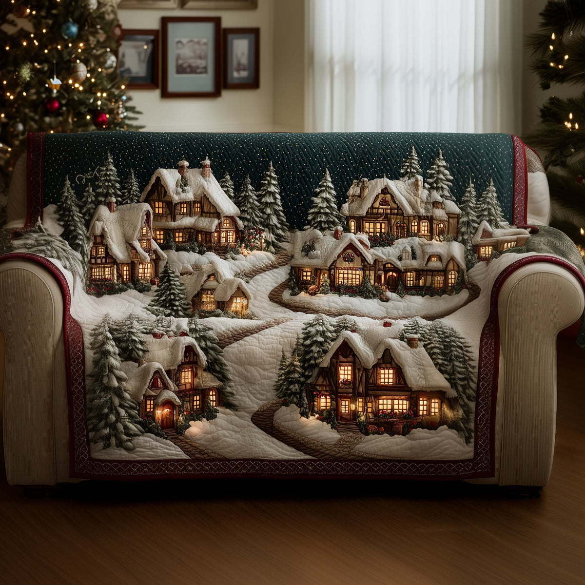 Snowy Village of Glowing Cottages Sofa Cover