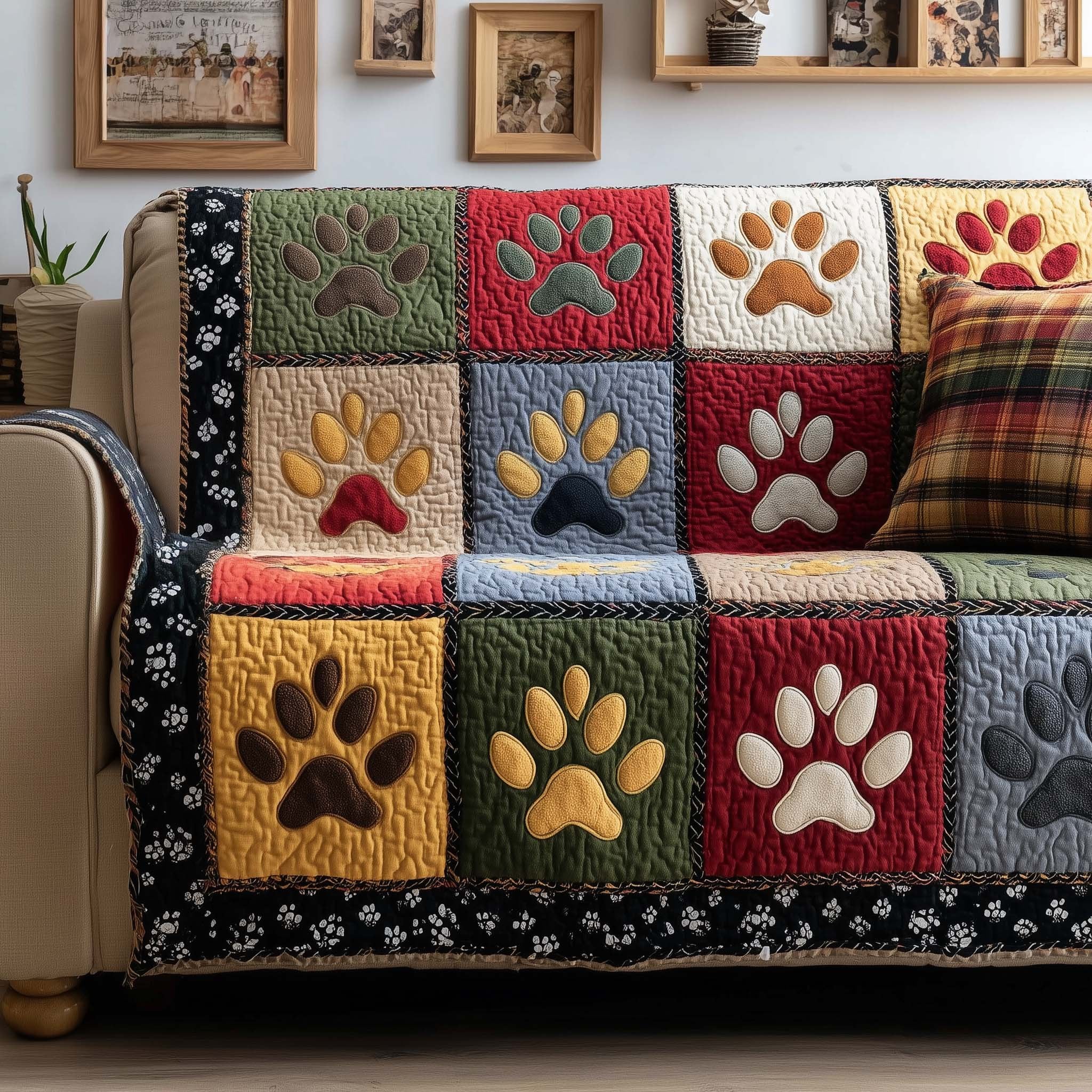 Paw Prints on Bright Color Squares Sofa Cover