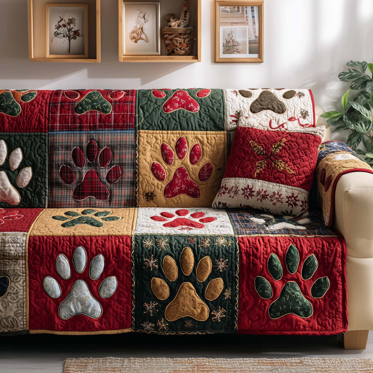 Paw Prints on Red and Cream Squares Sofa Cover
