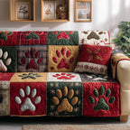 Paw Prints on Red and Cream Squares Sofa Cover